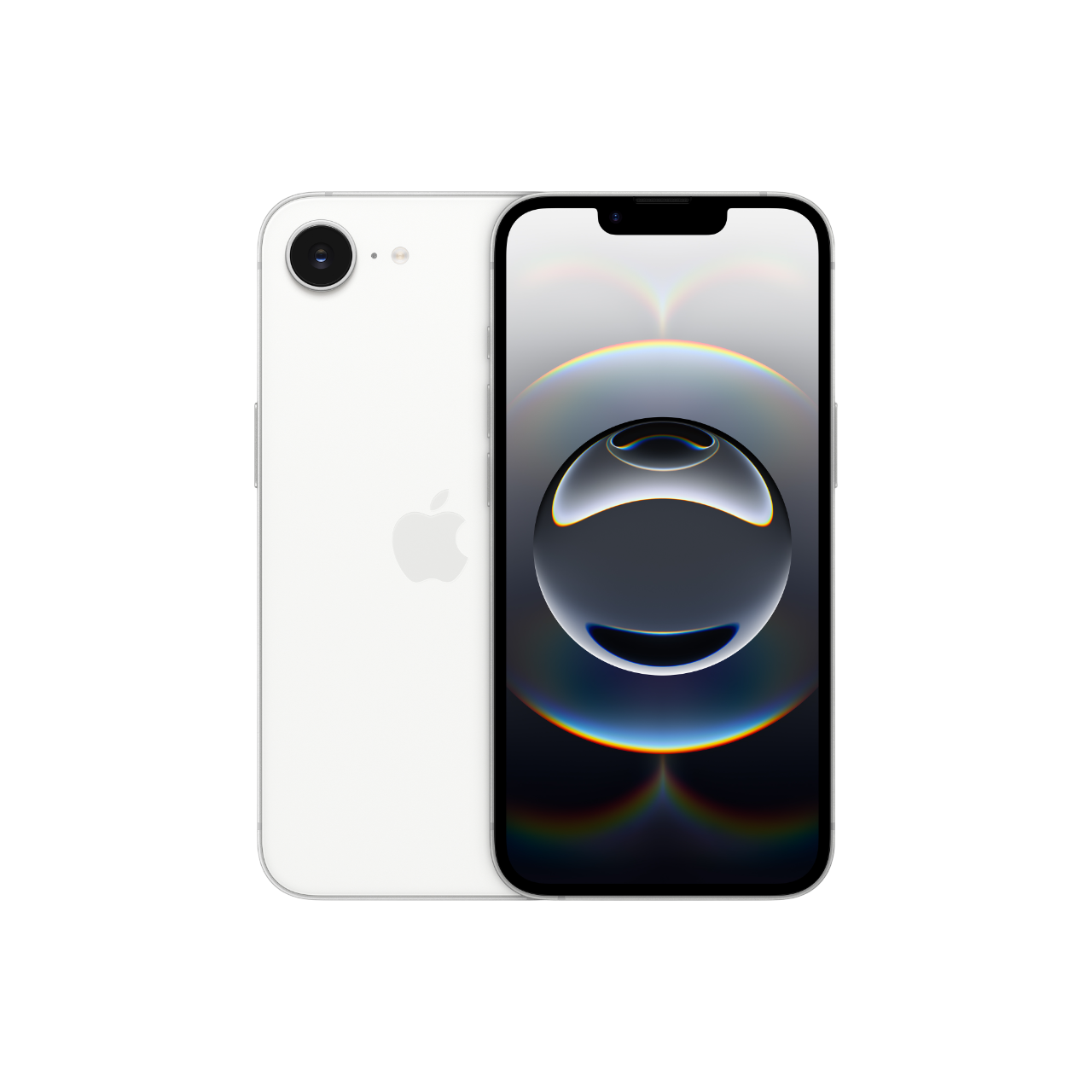 Ekranı açık beyaz iPhone, siyah beyaz bir görüntü gösteriyor. Apple logosu görünür.