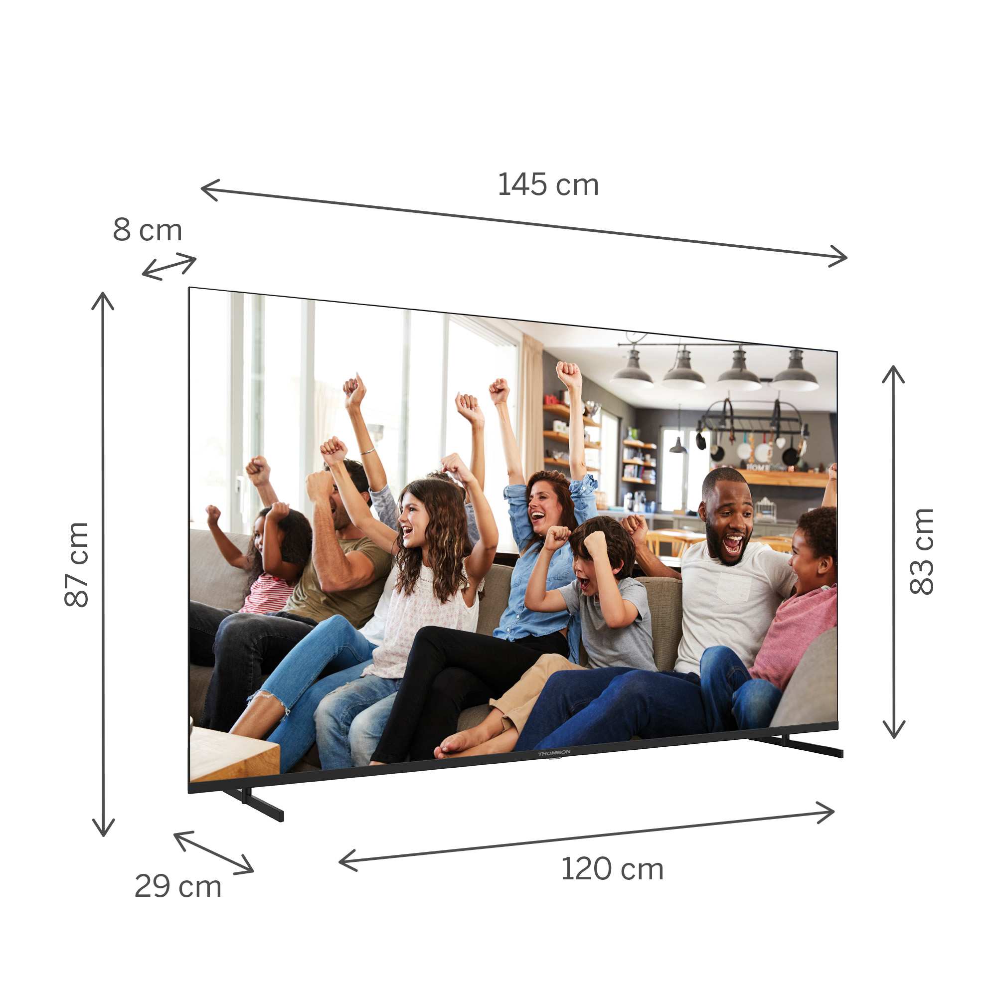 Neşelenen bir grup insanı gösteren büyük bir TV. Boyutlar verilmiştir.