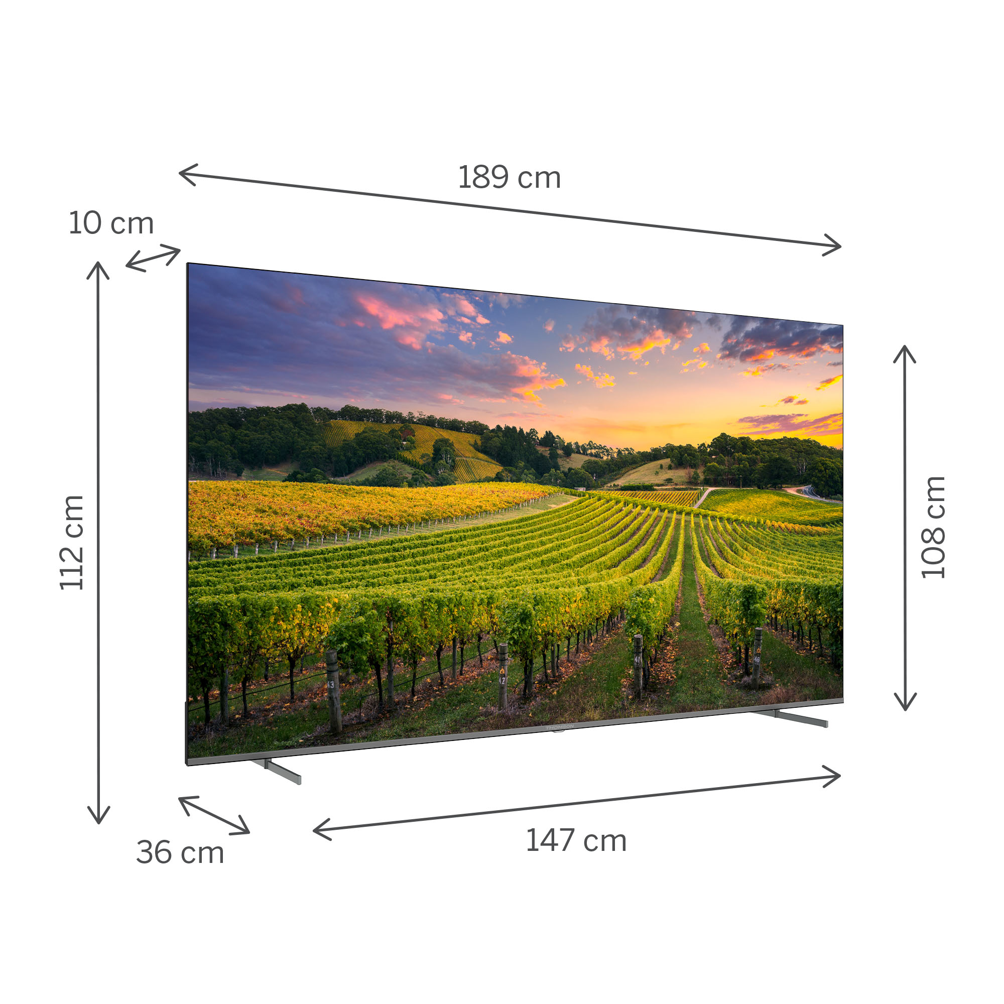 Ölçülerle bir manzara görüntüleyen büyük bir TV ekranı. Boyutlar: 189 cm x 112 cm x 147 cm.