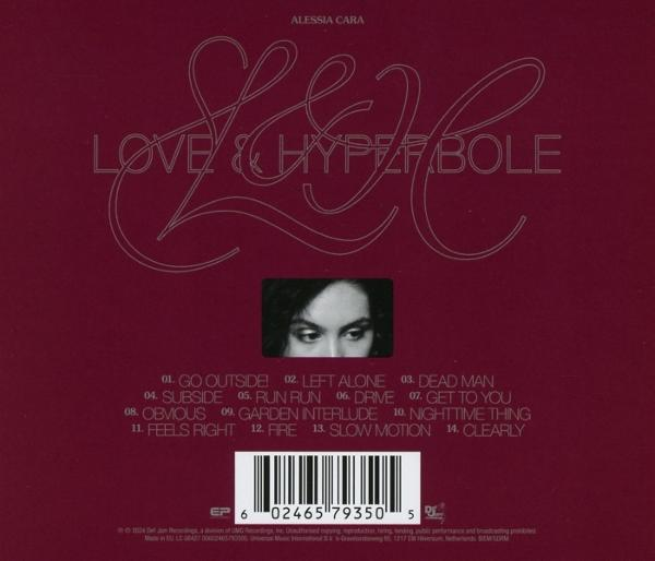 Albumcover mit Alessia Cara, Titel 'Love & Hyperbole', Titelliste und Barcode unten.
