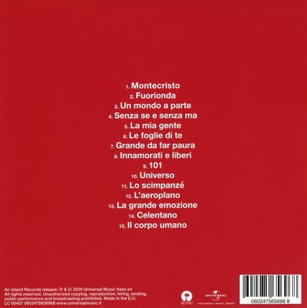Albumcover mit italienischem Text, einer Liste von Titeln und einem Barcode auf rotem Hintergrund.
