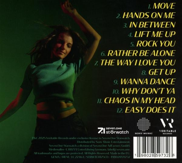 Rückseite einer CD-Hülle mit Frau, Titelliste und Firmenlogos.