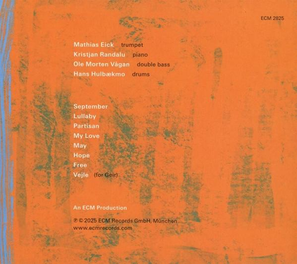 Rückseite des Albumcovers, orangefarbener Hintergrund, Text mit Namen und Titeln.