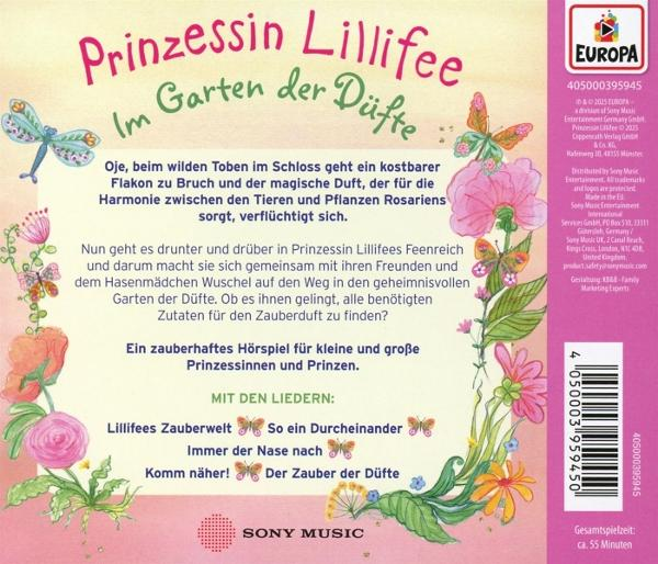 Rückseite eines Kinderbuchs mit Text und Illustrationen von Feen, Blumen und Schmetterlingen.