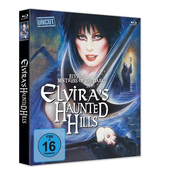DVD-Cover von Elvira's Haunted Hills. Elvira ist auf dem Cover vor einem dunklen, geheimnisvollen Hintergrund.