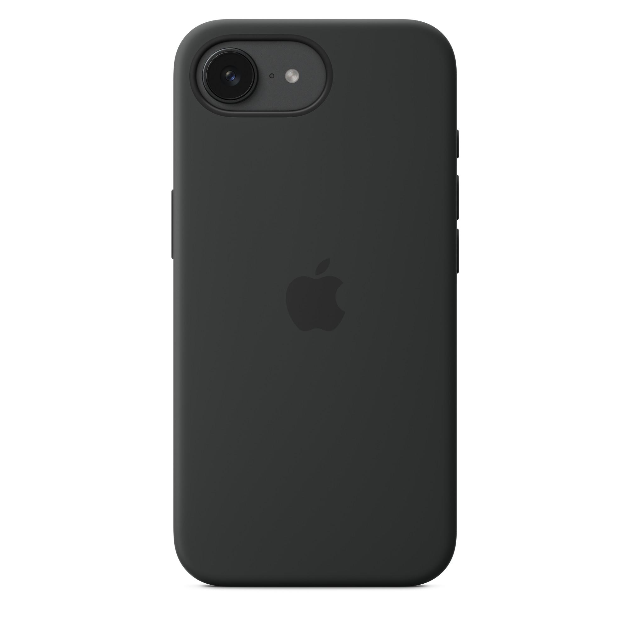 Schwarze iPhone-Hülle mit dem Apple-Logo mittig auf schwarzem Hintergrund.