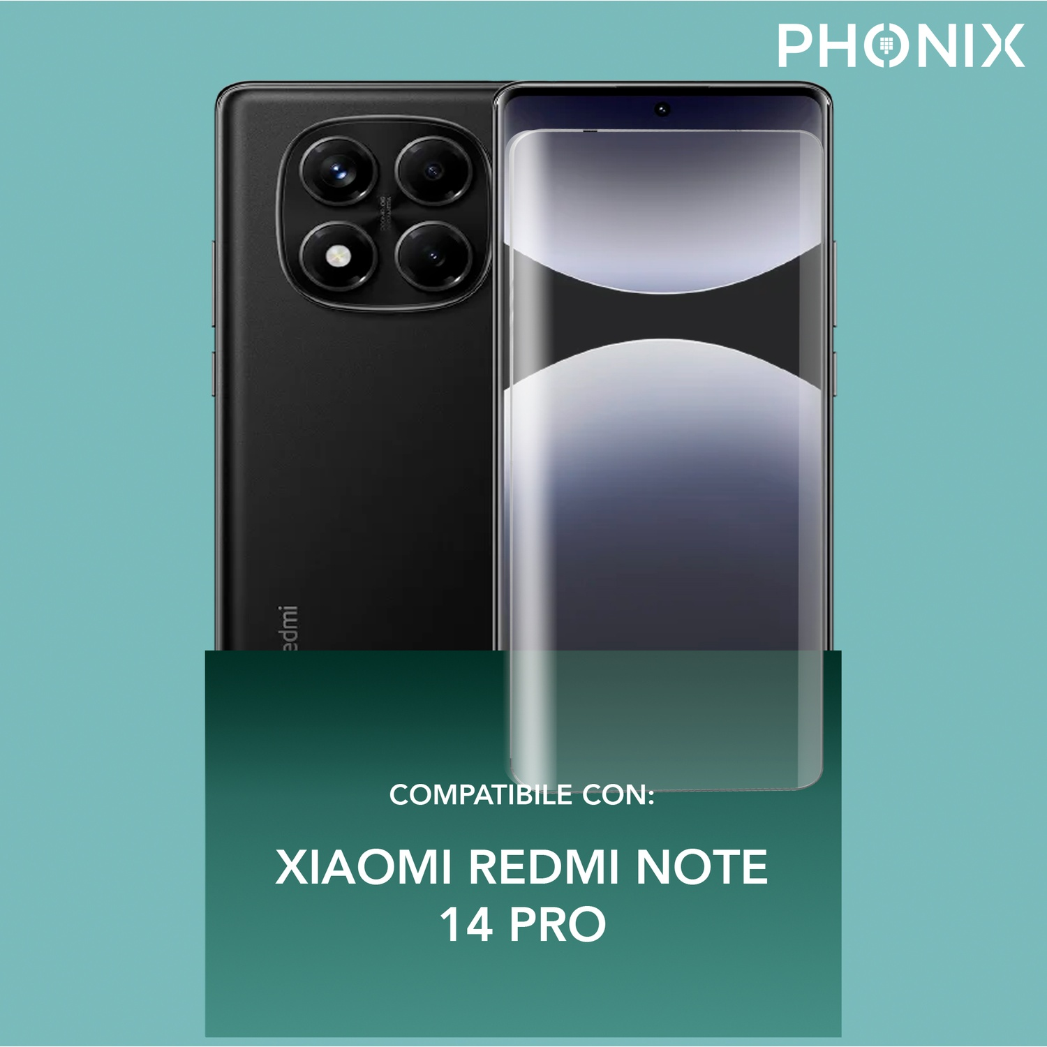 Telefono nero con protezione schermo, sfondo verde e il marchio 'PHONIX'.