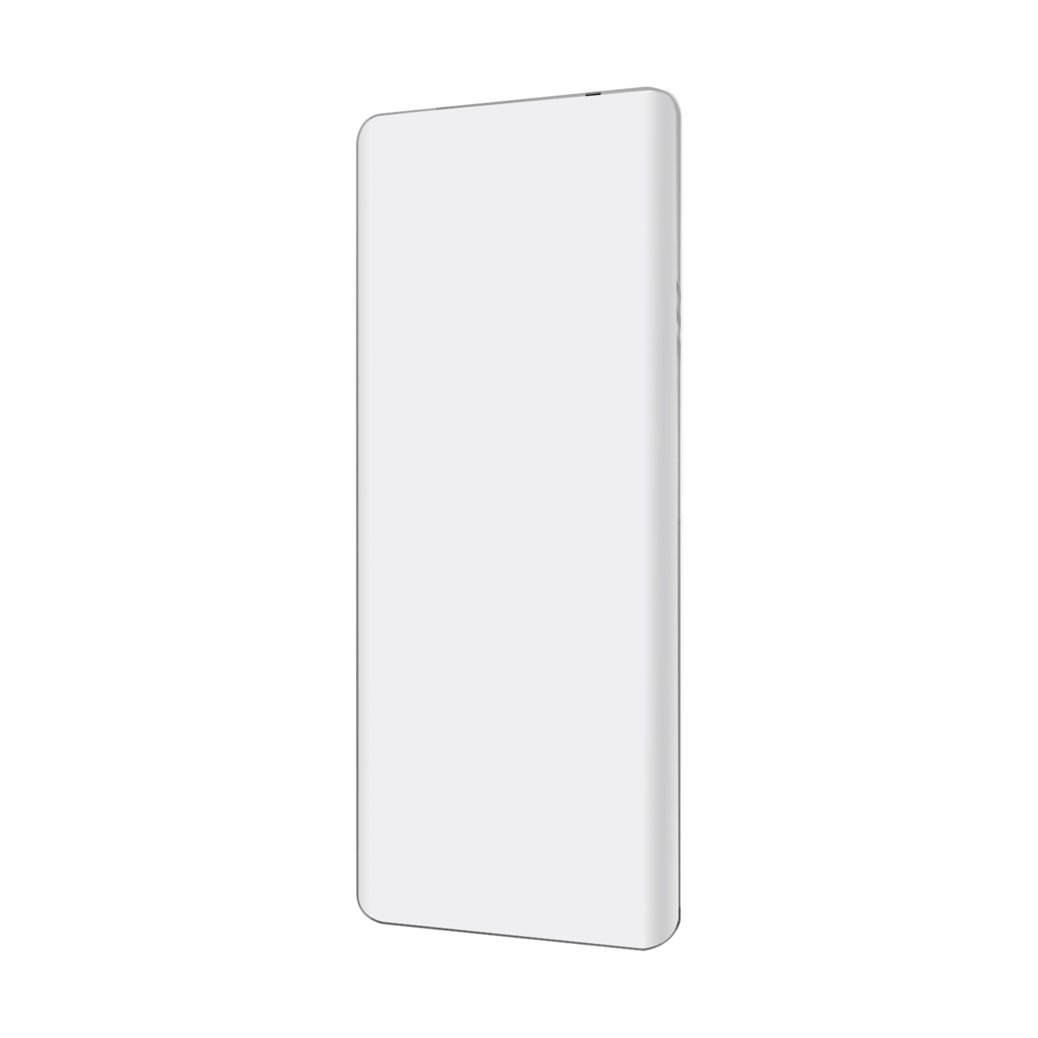 Uno smartphone bianco, visto di lato, è posto su uno sfondo bianco. Lo schermo è vuoto.