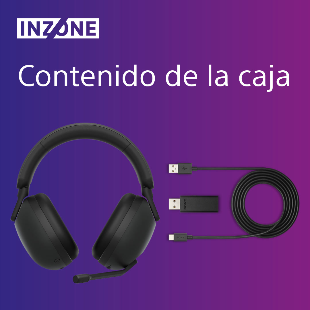 Contenido de la caja para auriculares INZONE. Auriculares, cable USB, transceptor USB y cable de carga.