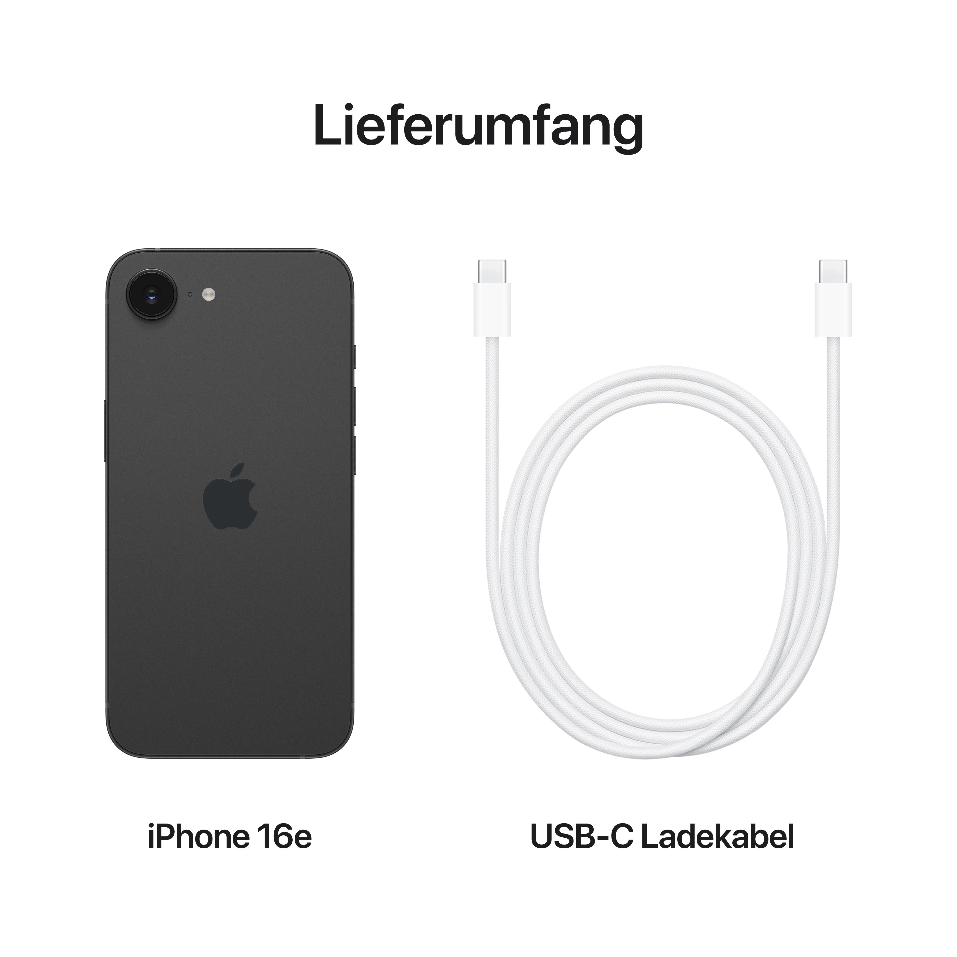Ein schwarzes iPhone 16e neben einem weißen USB-C-Ladekabel. Text: 'Lieferumfang'.