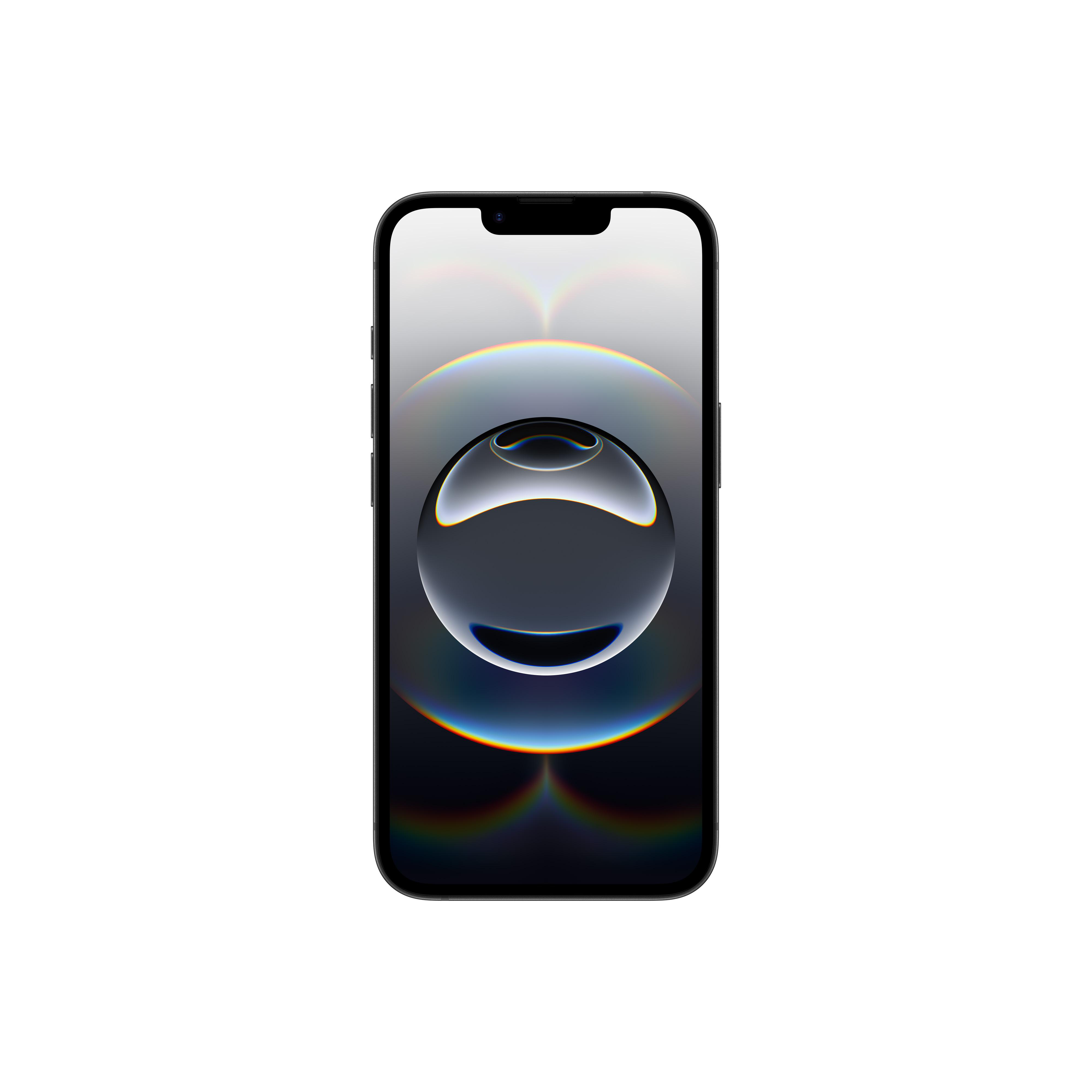 Ein schwarzes Telefon mit eingeschaltetem Bildschirm. Der Bildschirm zeigt einen bunten Hintergrund.