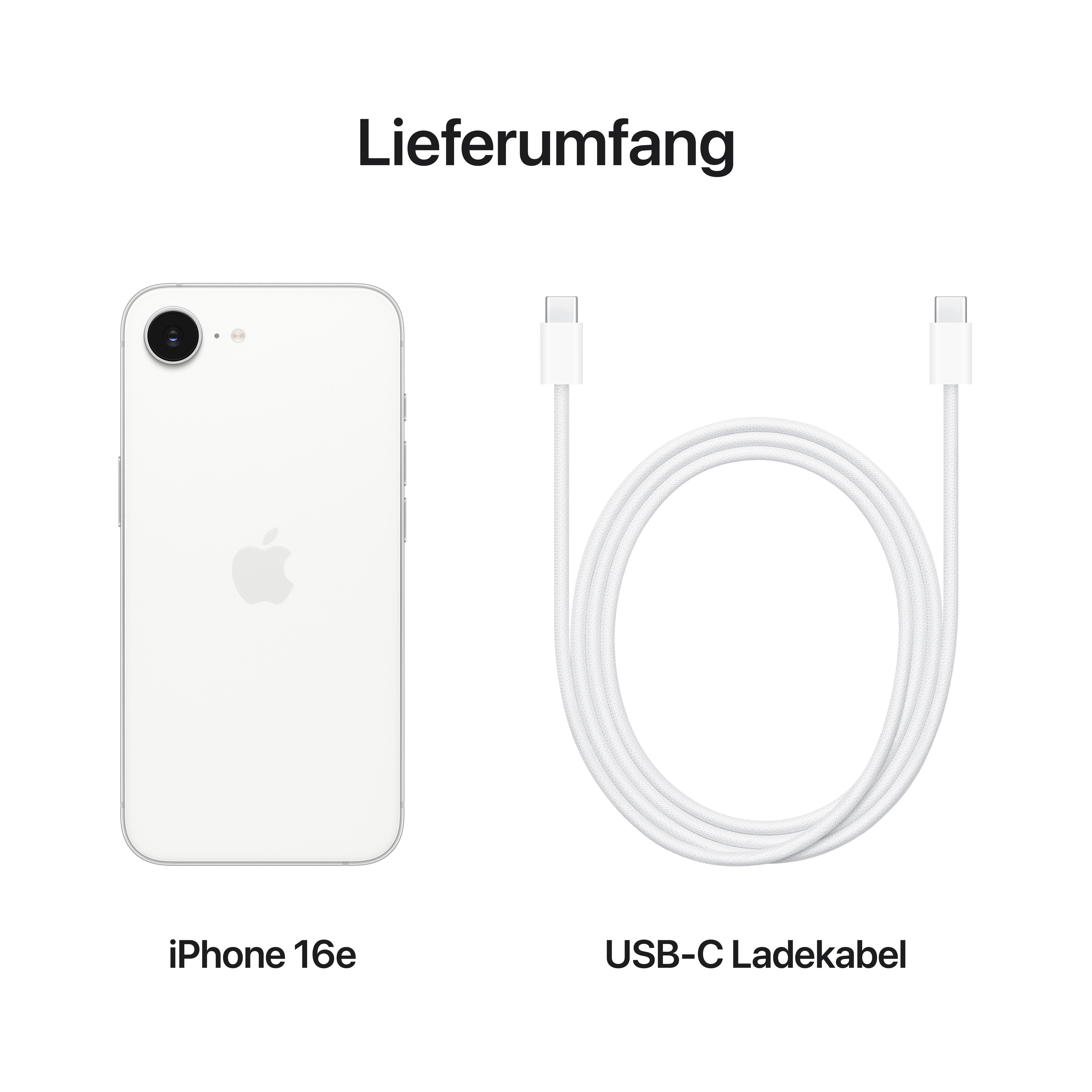 Weißes iPhone 16e neben einem weißen USB-C-Ladekabel. Beide Artikel sind auf weißem Hintergrund isoliert.