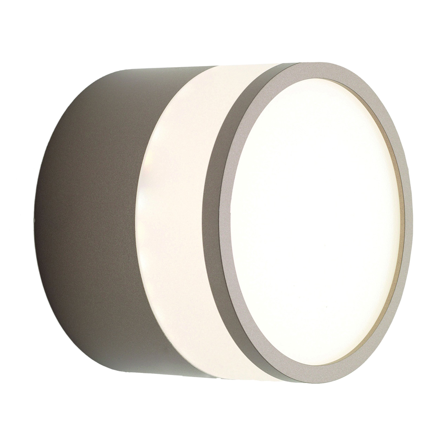 Lampada da parete circolare grigia e bianca. La lampada è illuminata da una luce bianca brillante.