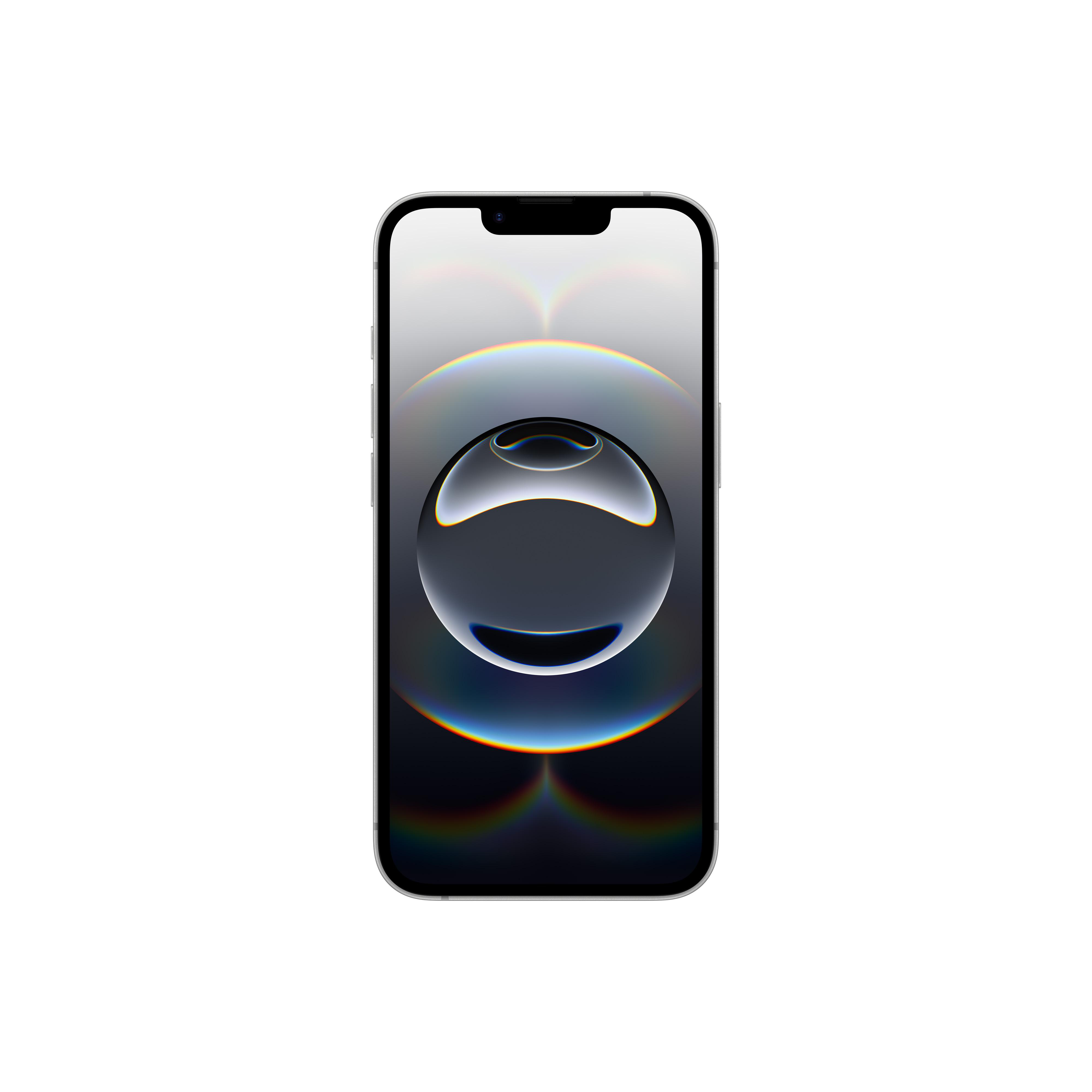 Ein Apple iPhone, silberner Rahmen, schwarzer Bildschirm mit kreisförmigem Design mit Regenbogenakzenten.