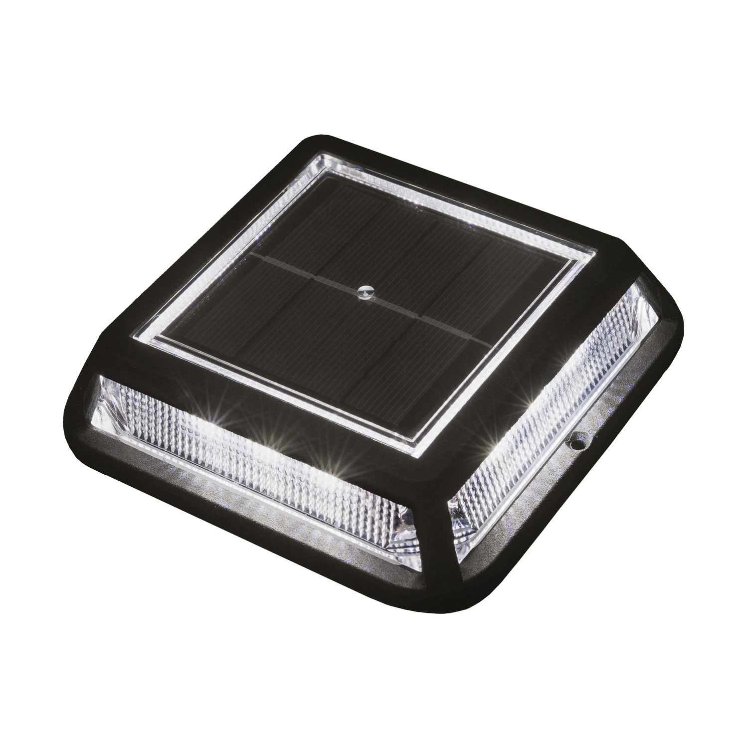 Un segnalatore stradale solare. Quadrato nero con un pannello solare e due file di luci.