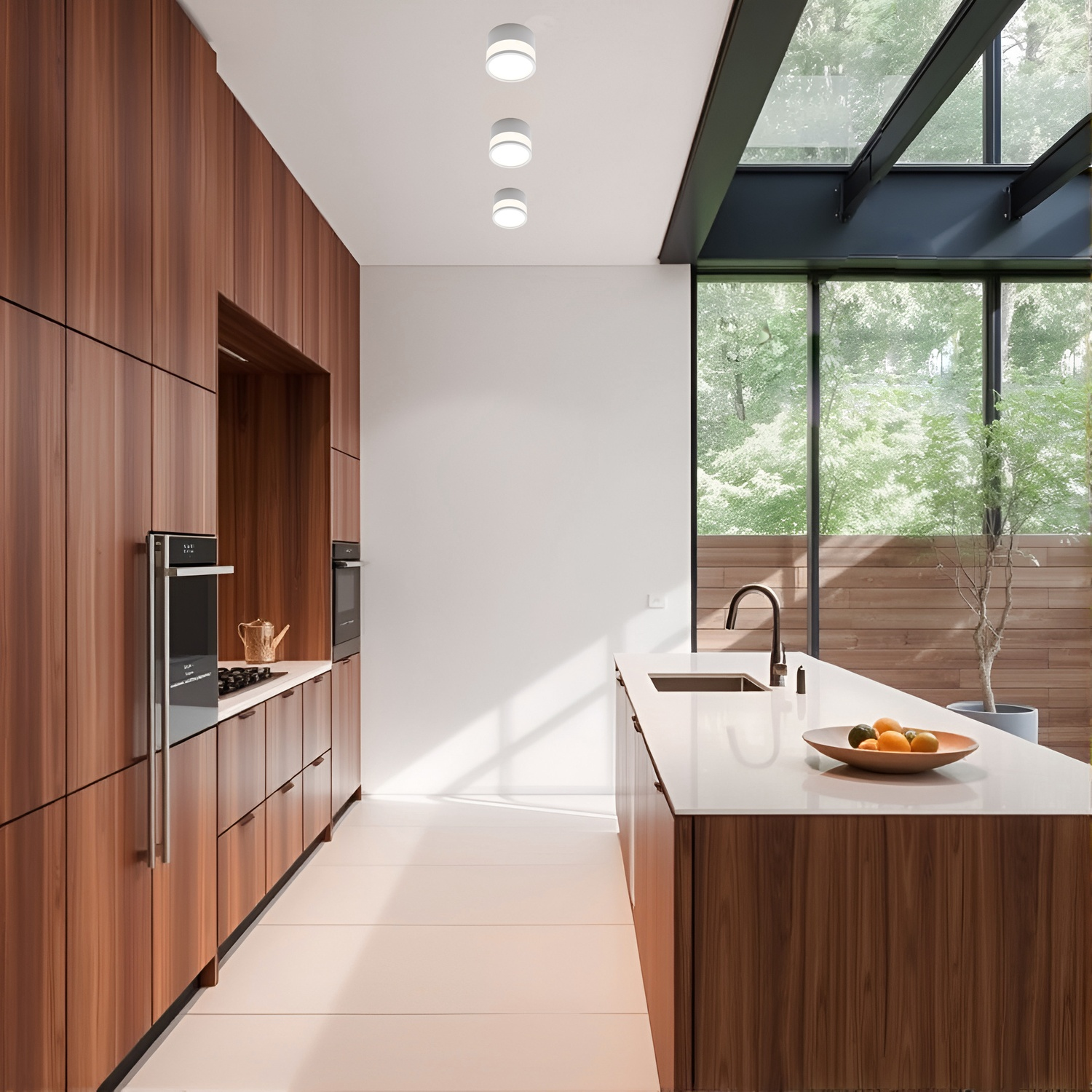 Una cucina moderna con mobili in legno e un piano di lavoro bianco. Una grande finestra si affaccia sugli alberi.