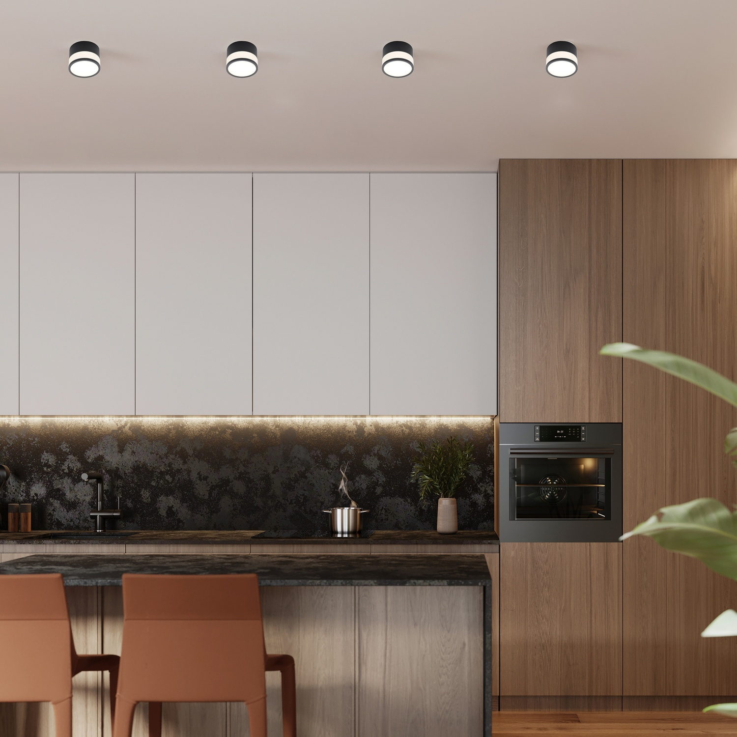 Una cucina moderna con mobili in legno, un piano di lavoro nero e luci a soffitto.
