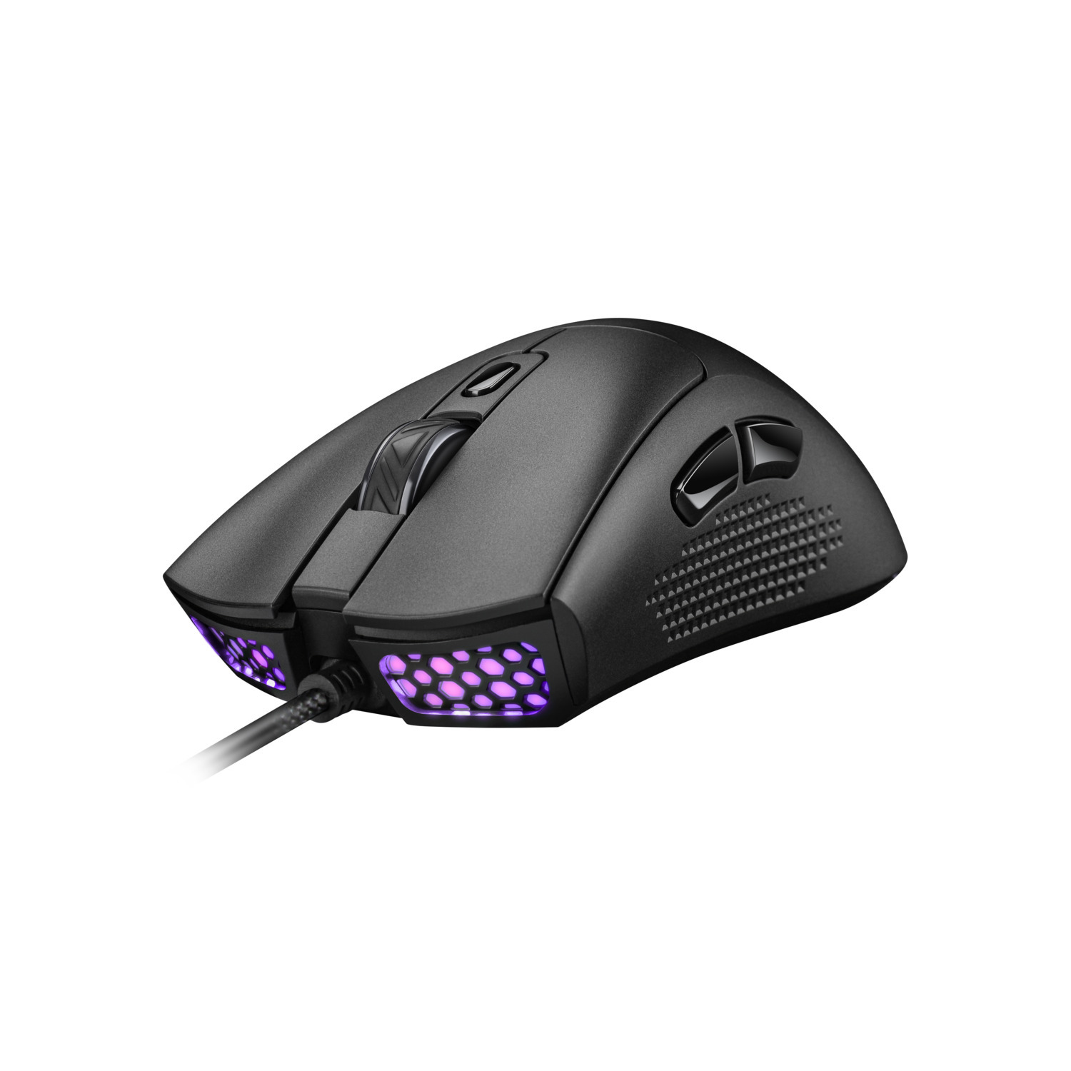 Black gaming mouse with a wired connection, featuring purple lighting accents.