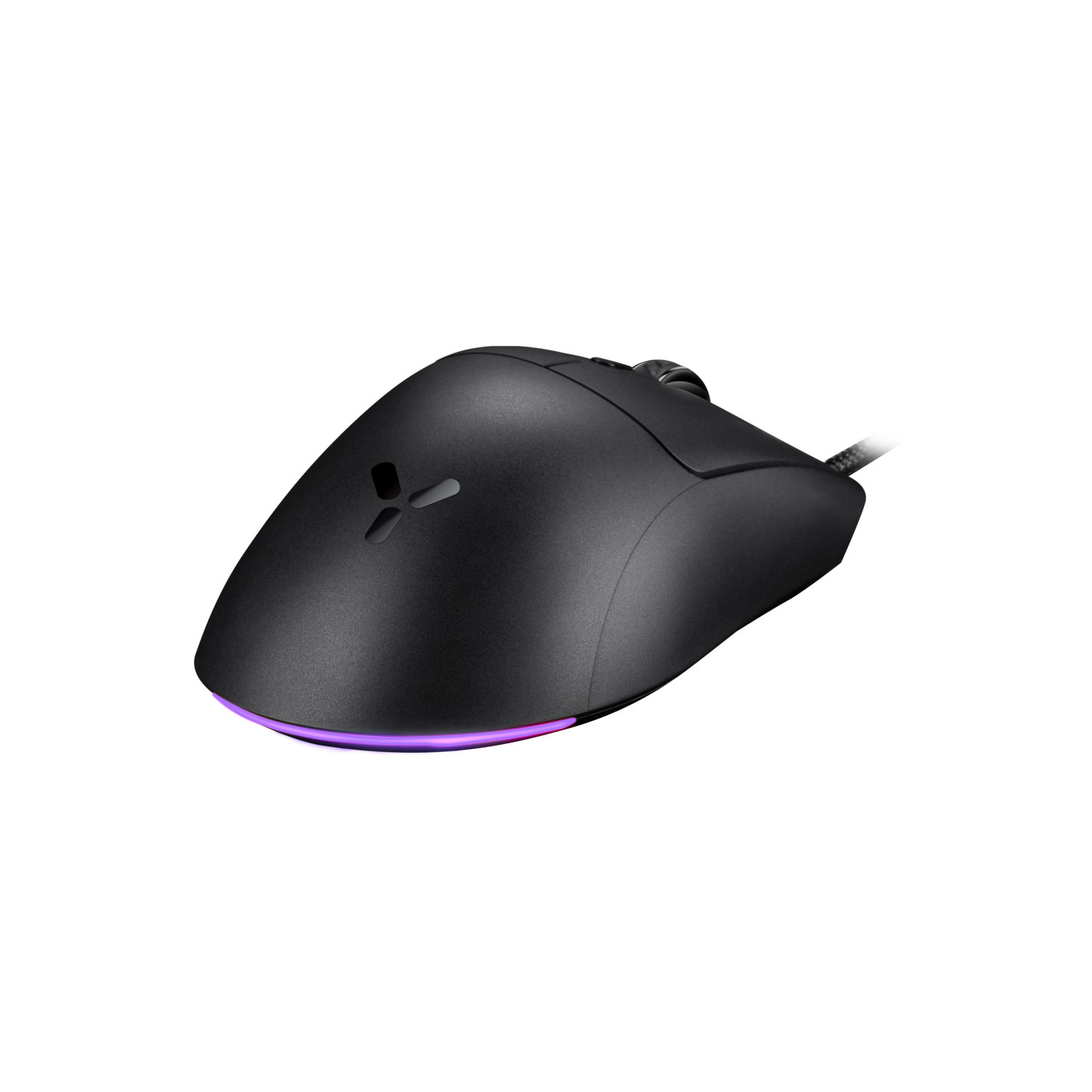 Black computer mouse with a purple light at the bottom. It has a logo on the top.