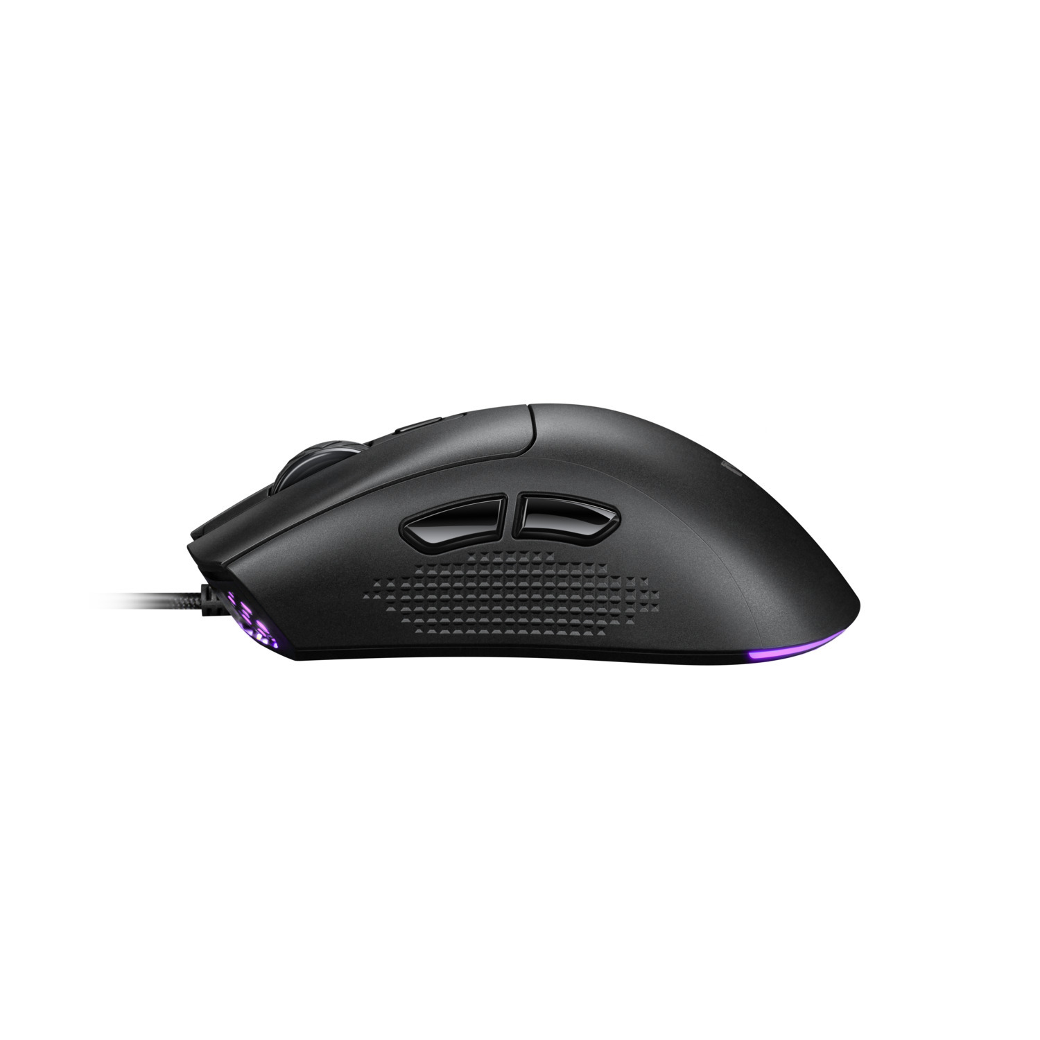 Black gaming mouse with purple lights at the bottom.
