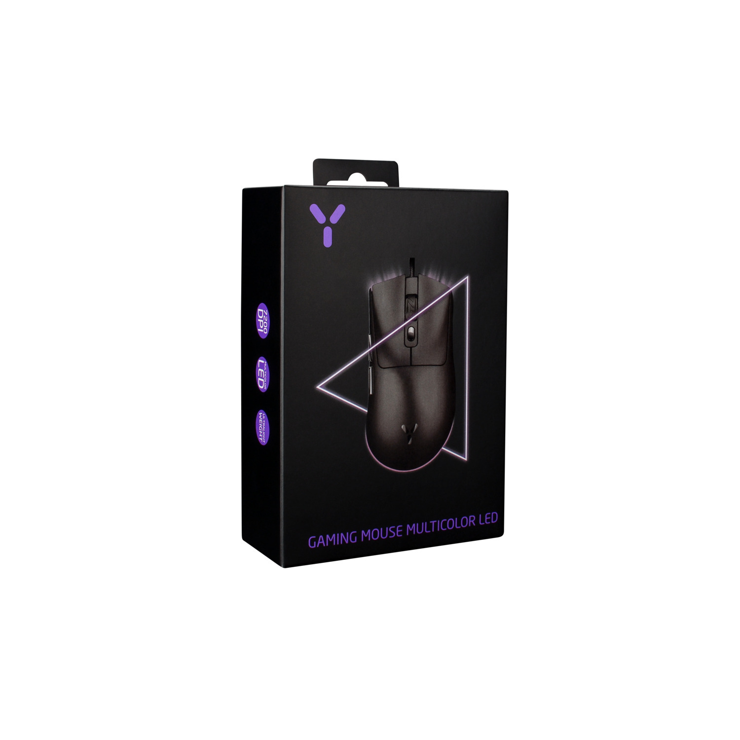 Black gaming mouse in a box with a white geometric design.