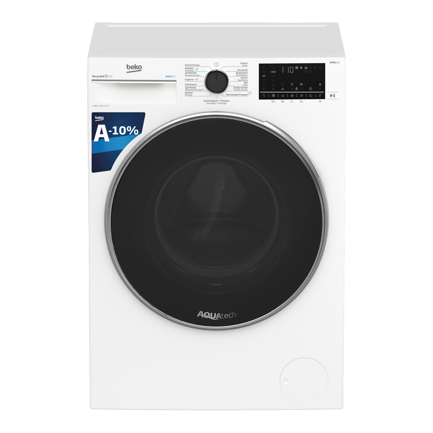 Een witte wasmachine met een zwarte deur, een bedieningspaneel en een 'A-10%' sticker.