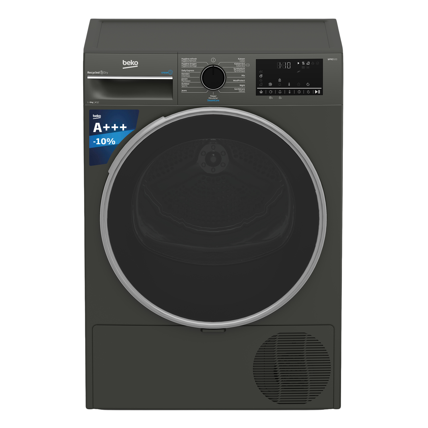 Sèche-linge Beko noir avec classification A+++, affichant les commandes.
