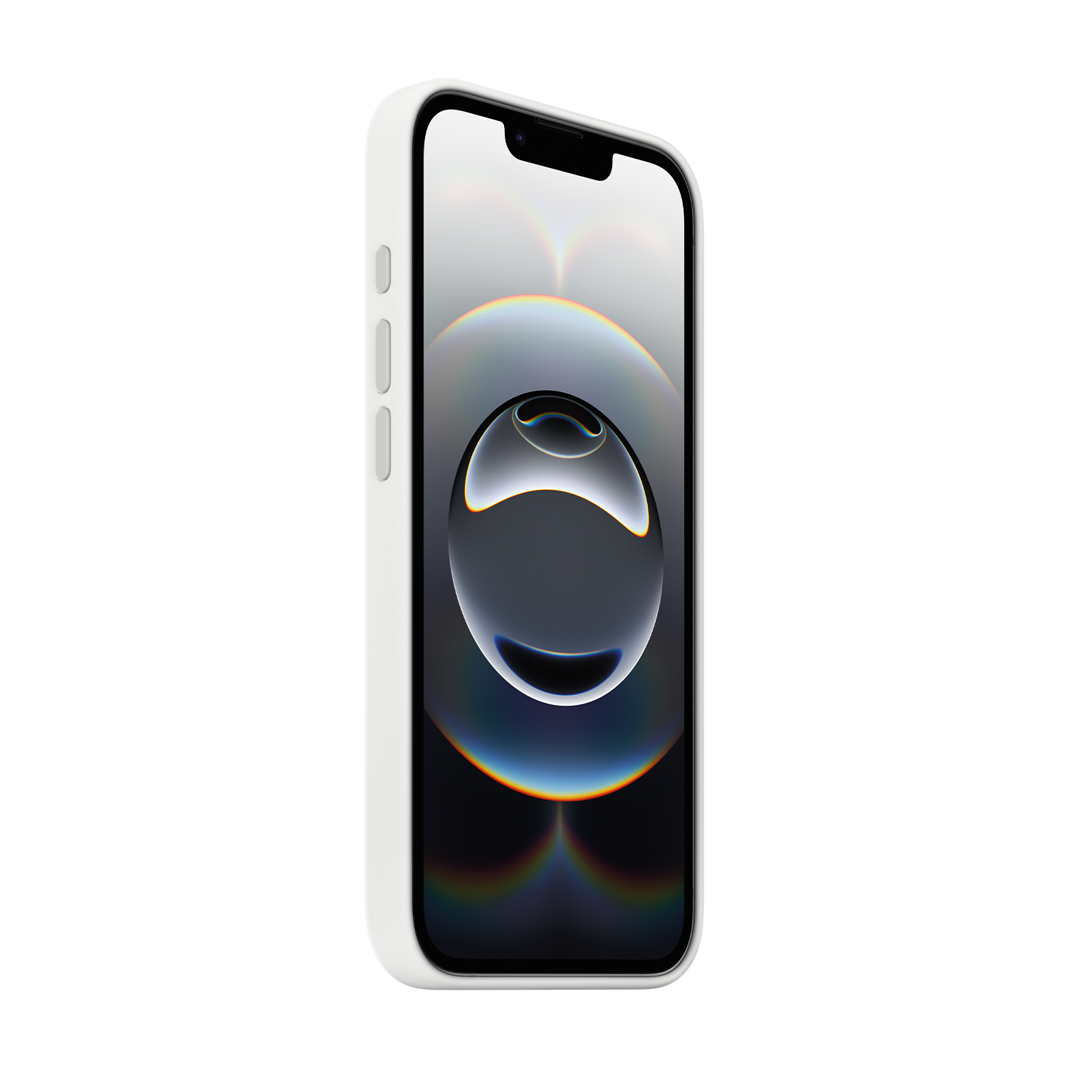 Telefono bianco con custodia bianca. Lo schermo del telefono è acceso e mostra il telefono.