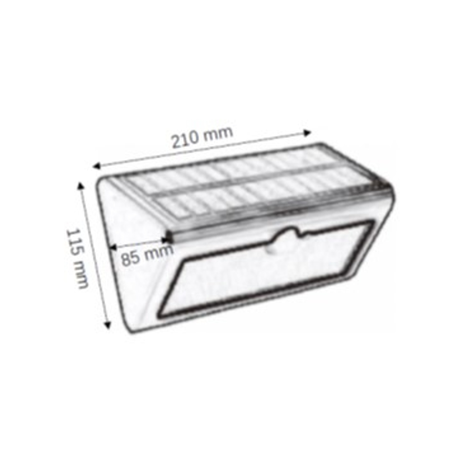 Apparecchio di illuminazione a energia solare. Bianco e grigio, con dimensioni indicate: 210 mm, 115 mm e 85 mm.