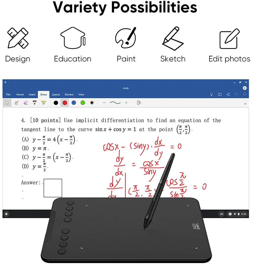 Grafikus táblagép egy tollal az asztalon. A képernyőn egy matematikai probléma megoldása látható.
