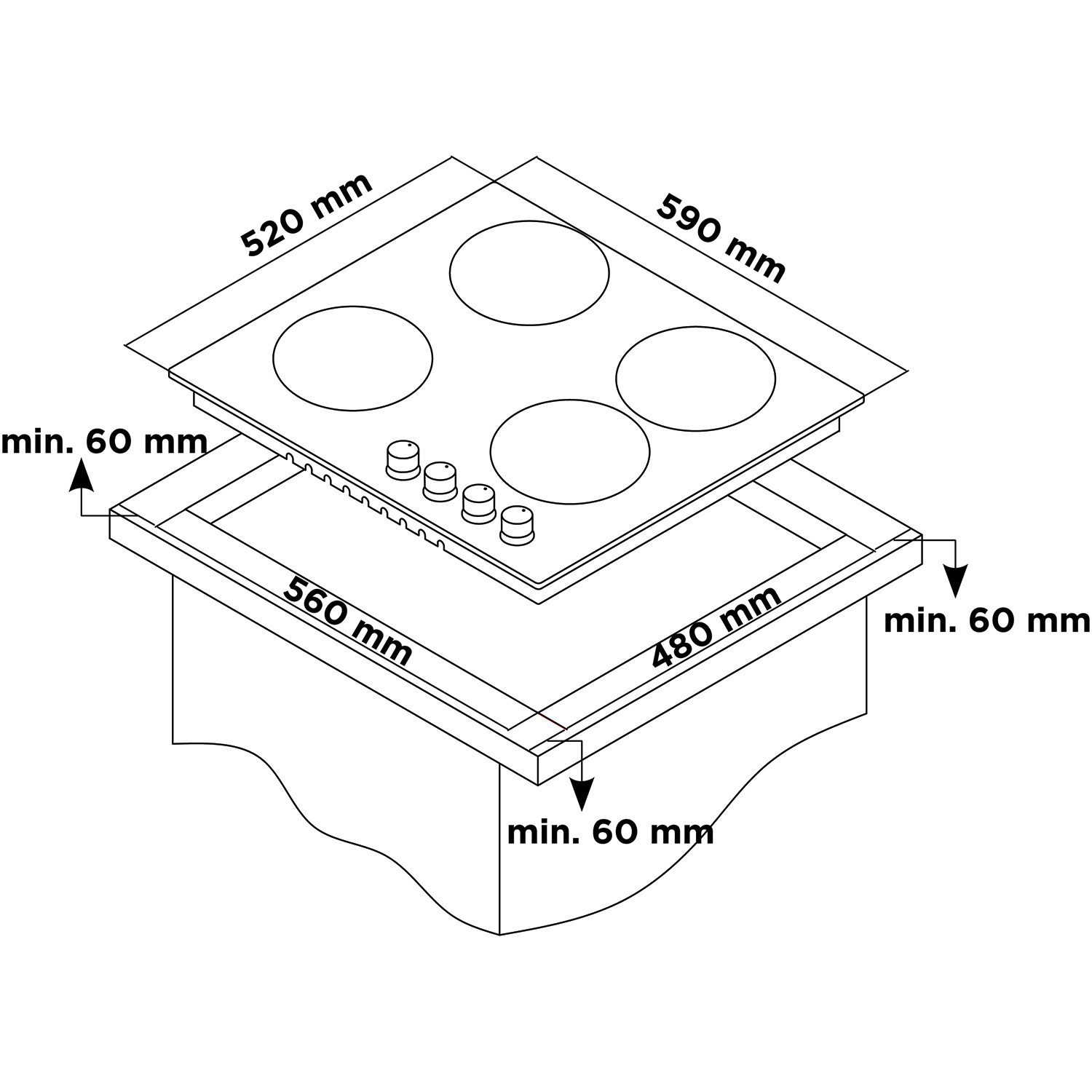 Disegno tecnico di un piano cottura elettrico quadrato con dimensioni e misure indicate.