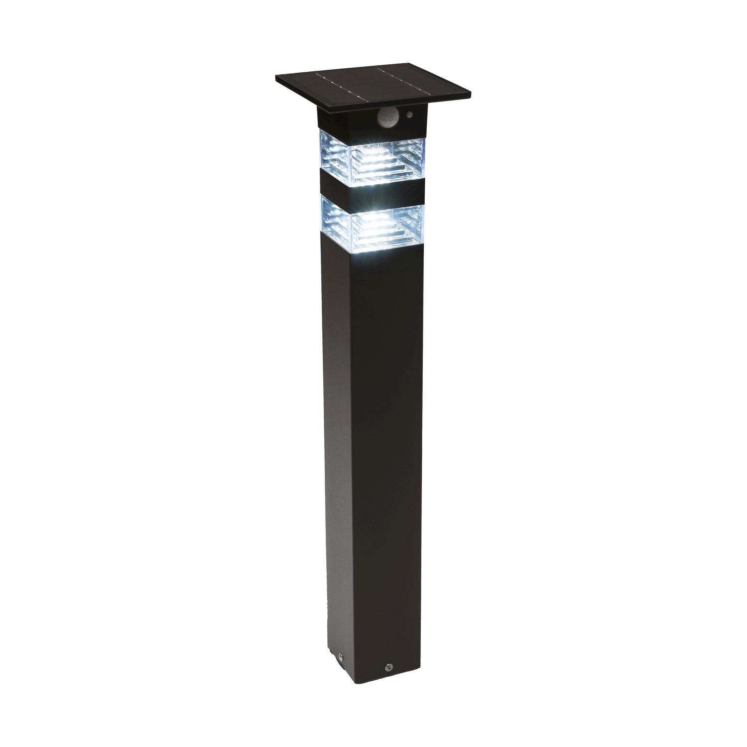 Una luce solare da giardino nera. Ha una parte superiore quadrata con un pannello solare e un palo nero.