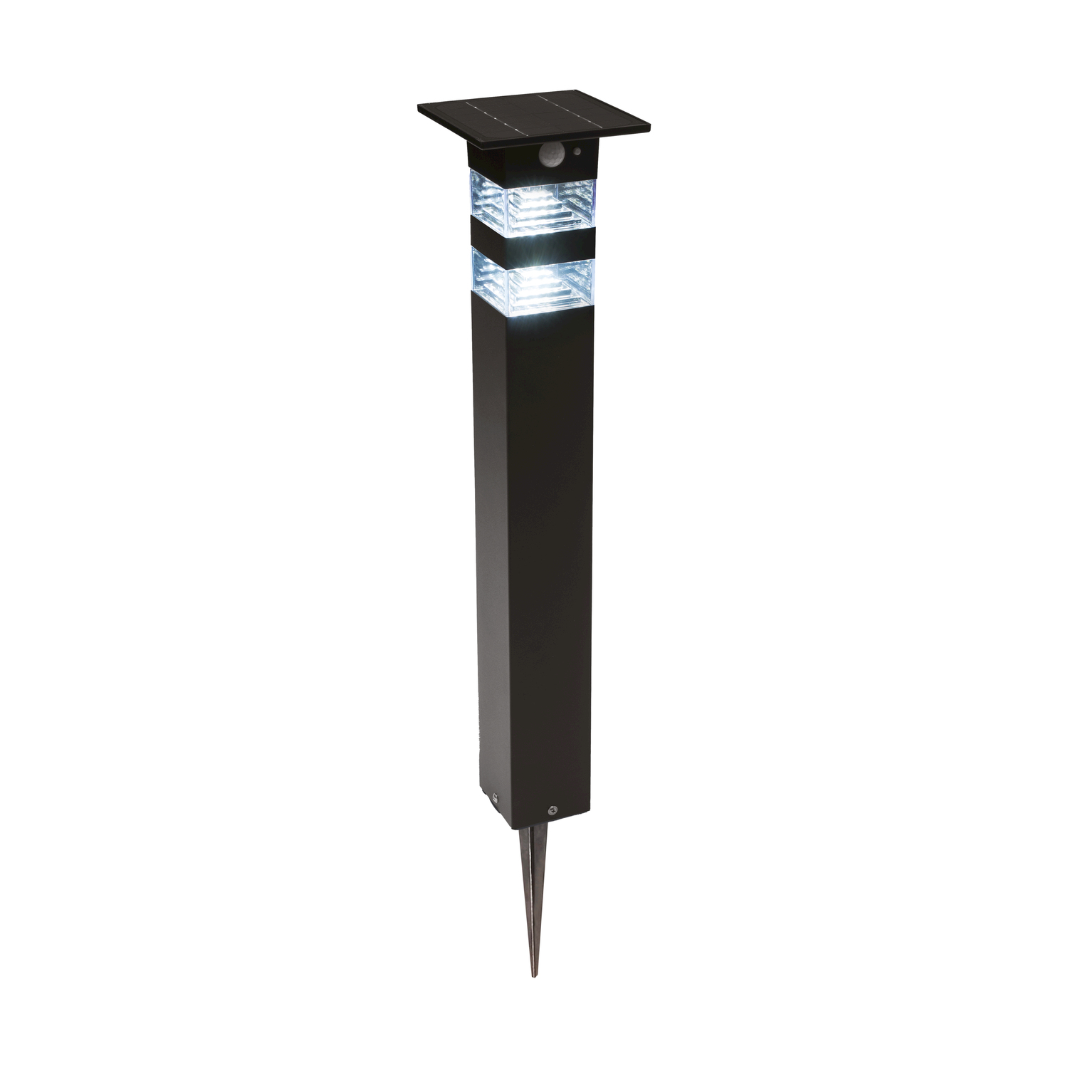 Luce da giardino nera a energia solare con parte superiore quadrata e base a punta, sfondo bianco.