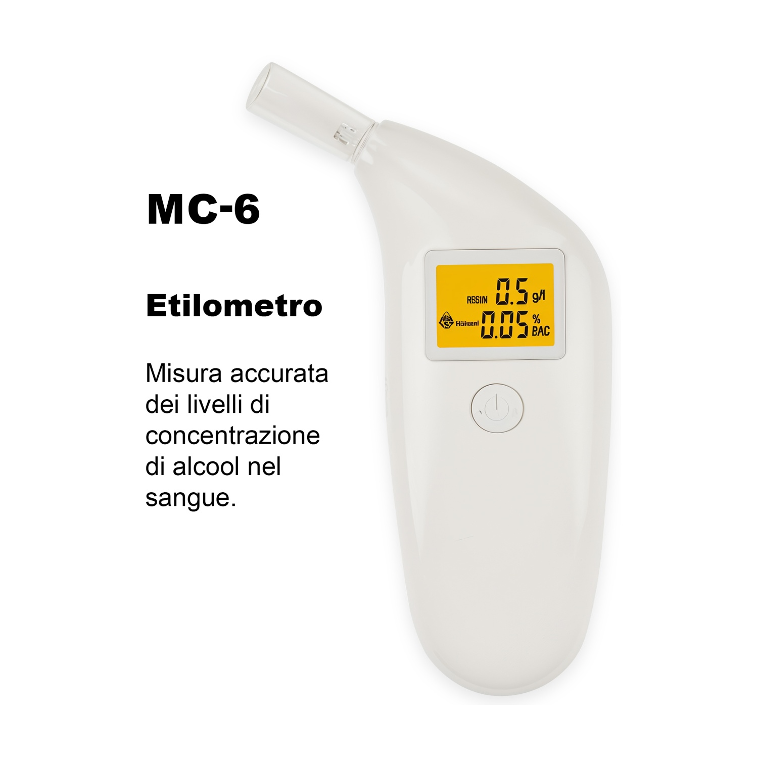 Alcoltest bianco con schermo LCD che mostra il livello di alcol nel sangue.