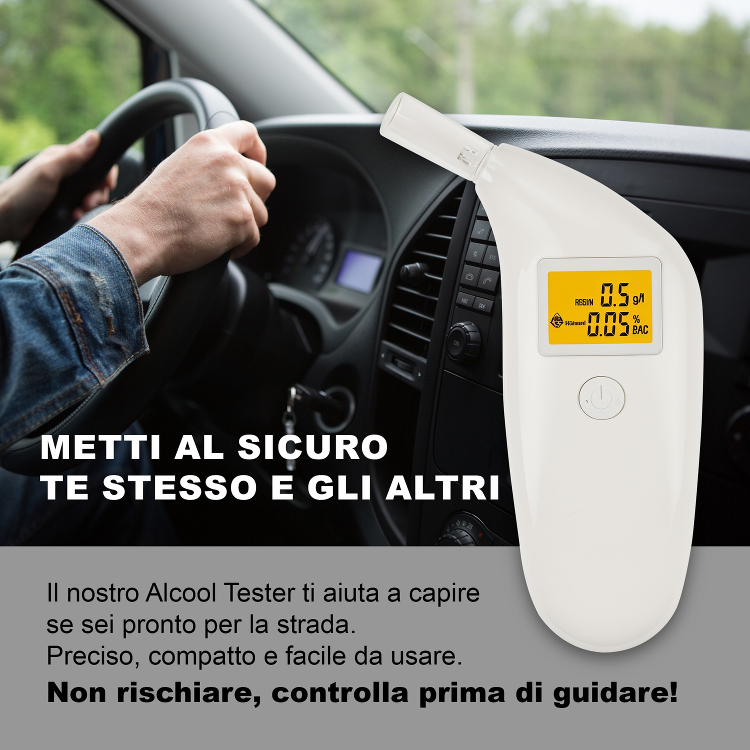 Una persona che tiene un etilometro. Mostra una lettura di 0,5 g/l BAC e 0,05 % BAC.