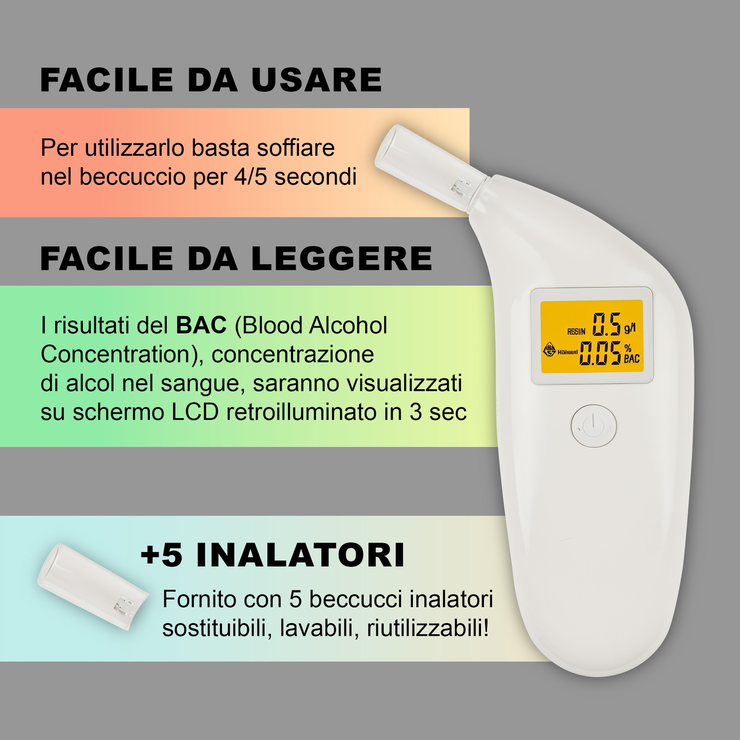 Un etilometro con istruzioni testuali e visualizzazione del livello di alcol.