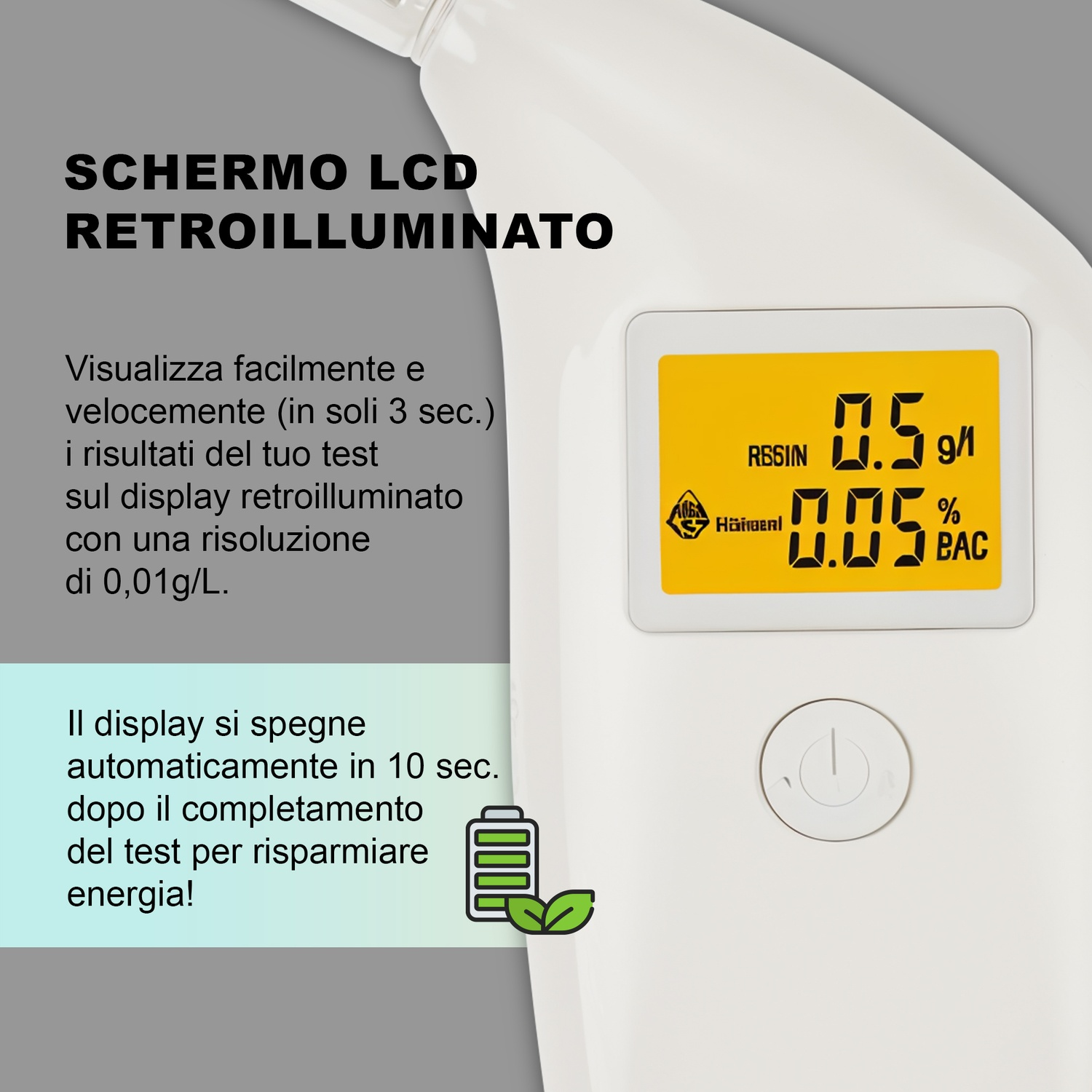 Alcoltest con LCD. Mostra valori, testo in italiano. Dispositivo bianco.