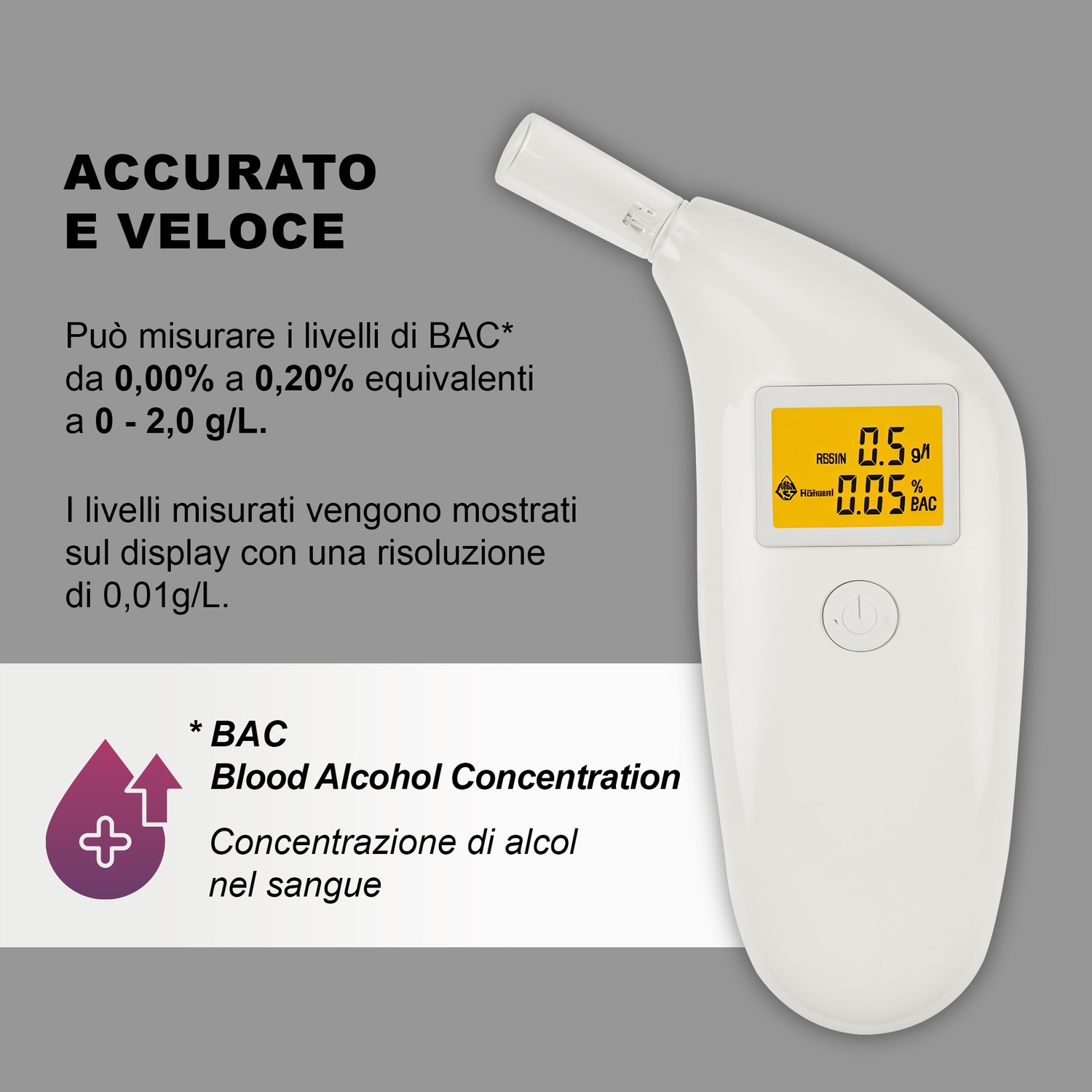 Alcolometro con display digitale. Mostra 0,05% BAC.