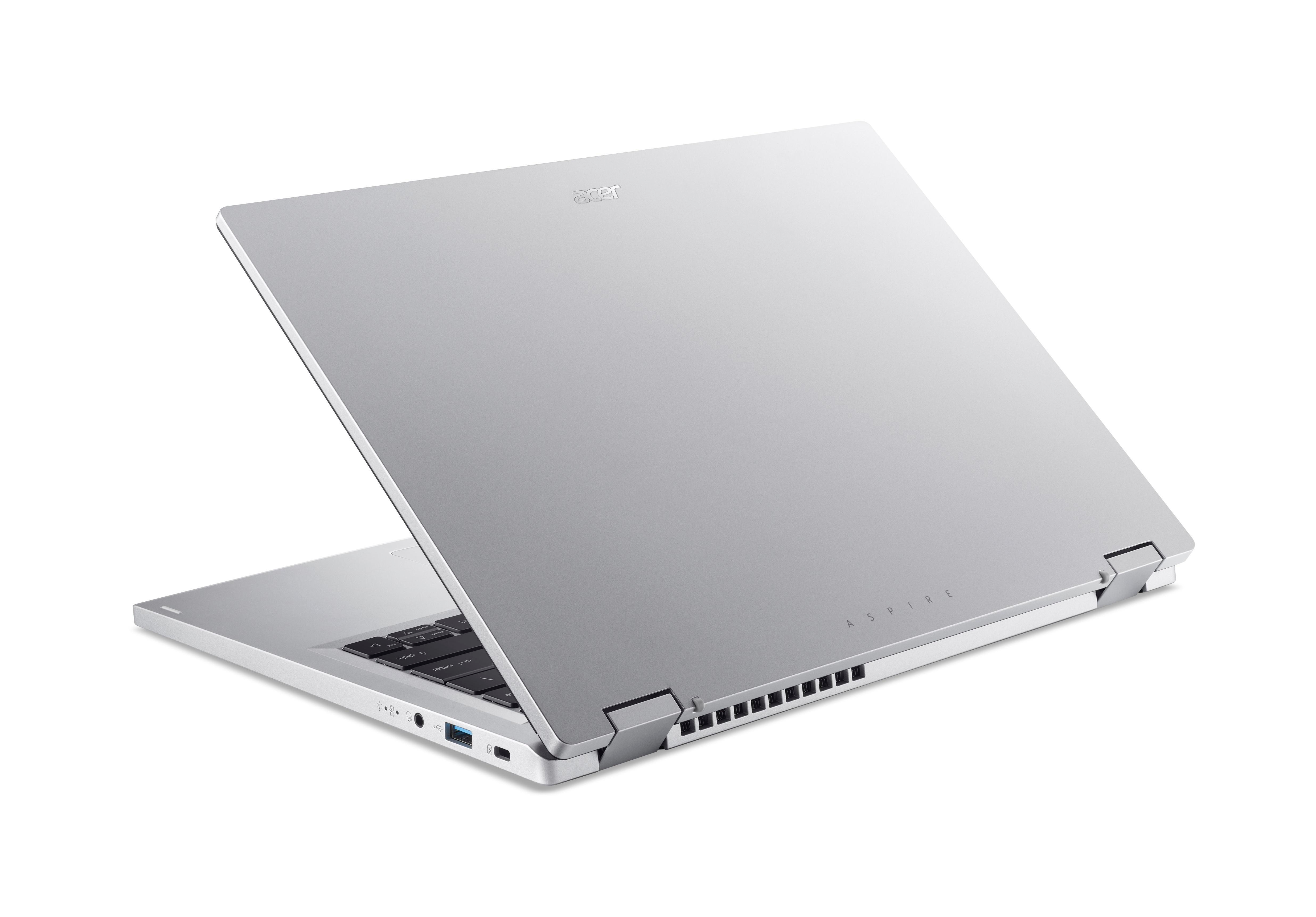 Ein silberner Acer-Laptop, teilweise geöffnet, vor weißem Hintergrund abgewinkelt.