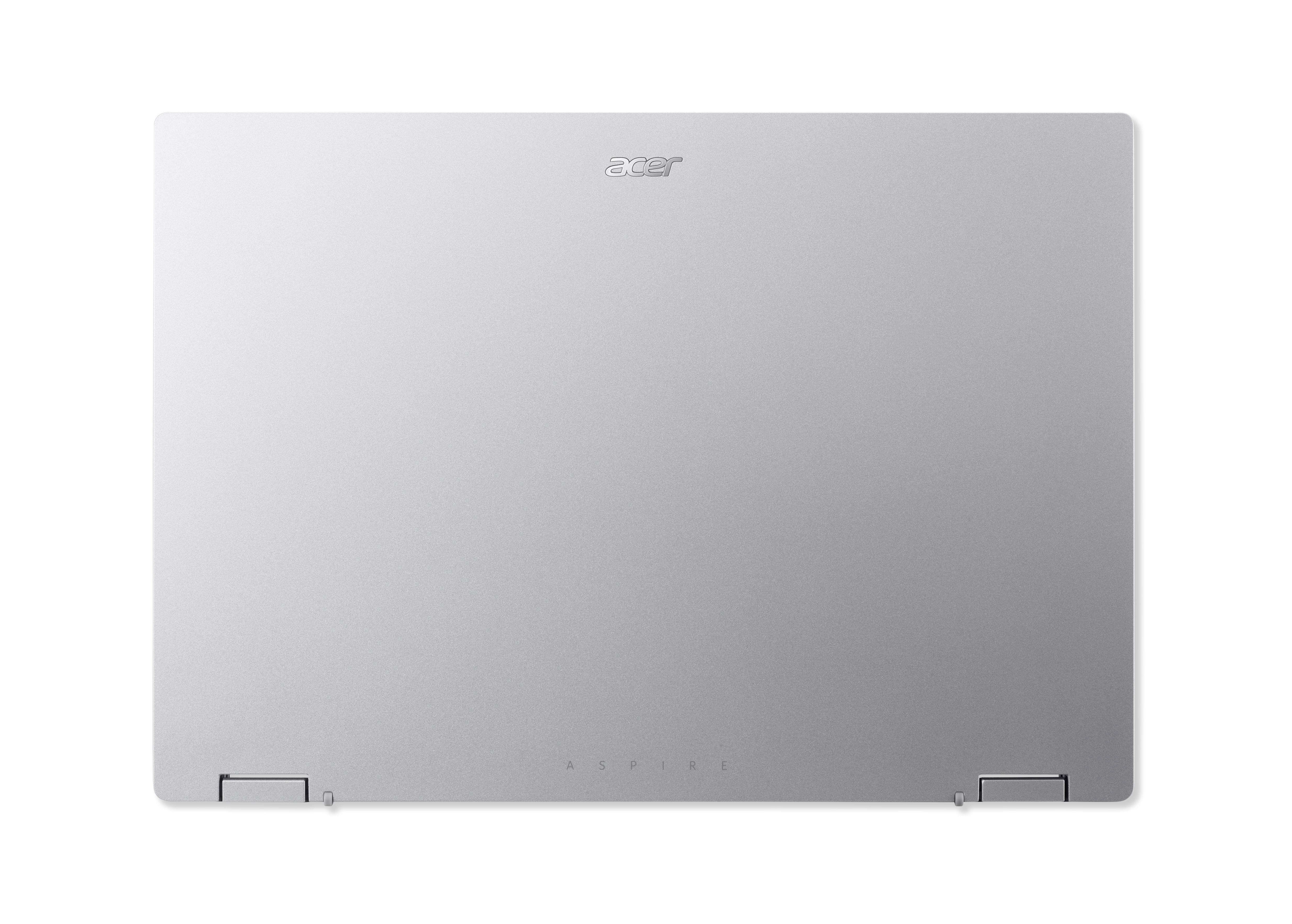 Geschlossener silberner Laptop, der die Oberseite mit Acer- und Aspire-Logos zeigt.
