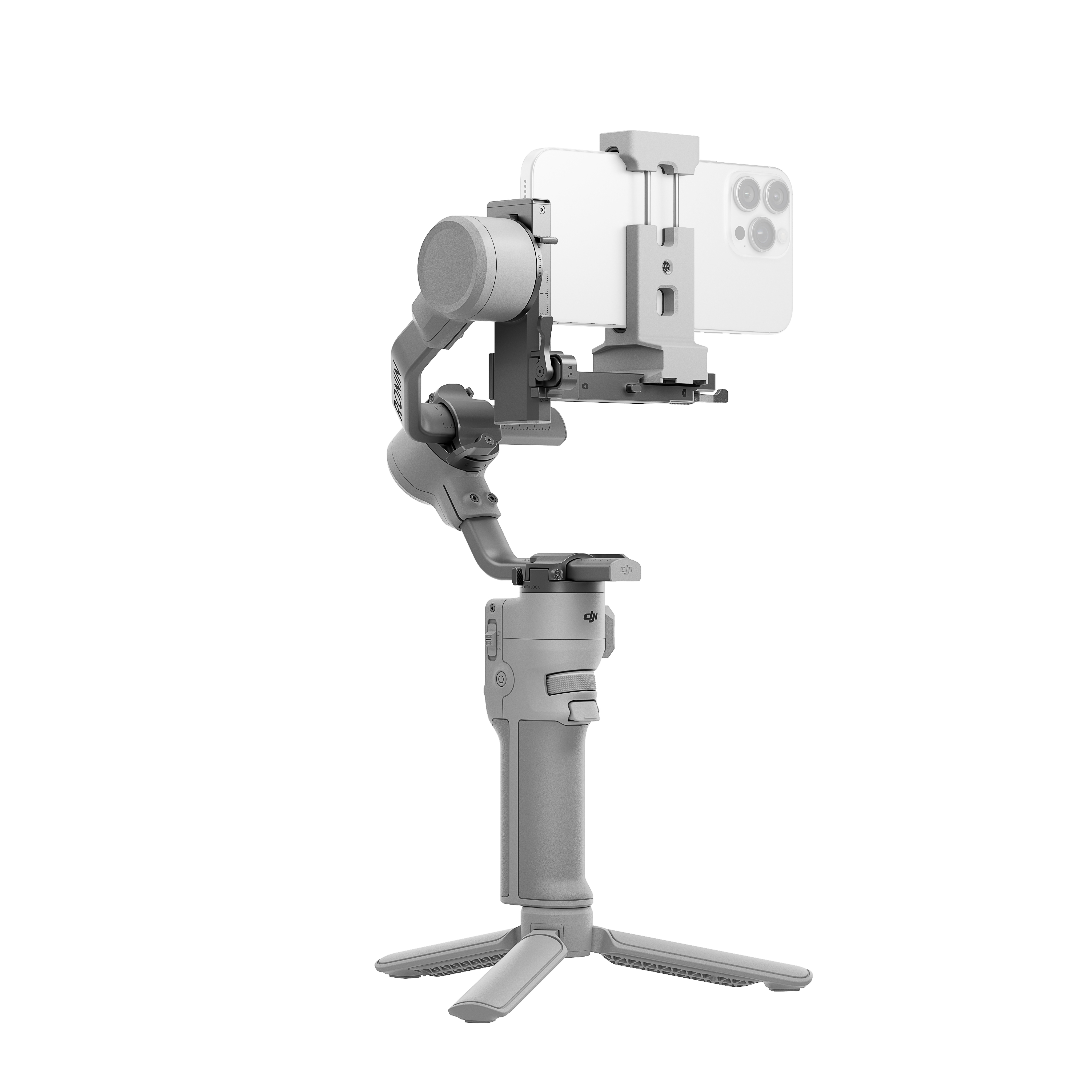 Ein grauer Telefon-Stabilisator mit einem Telefon darauf.