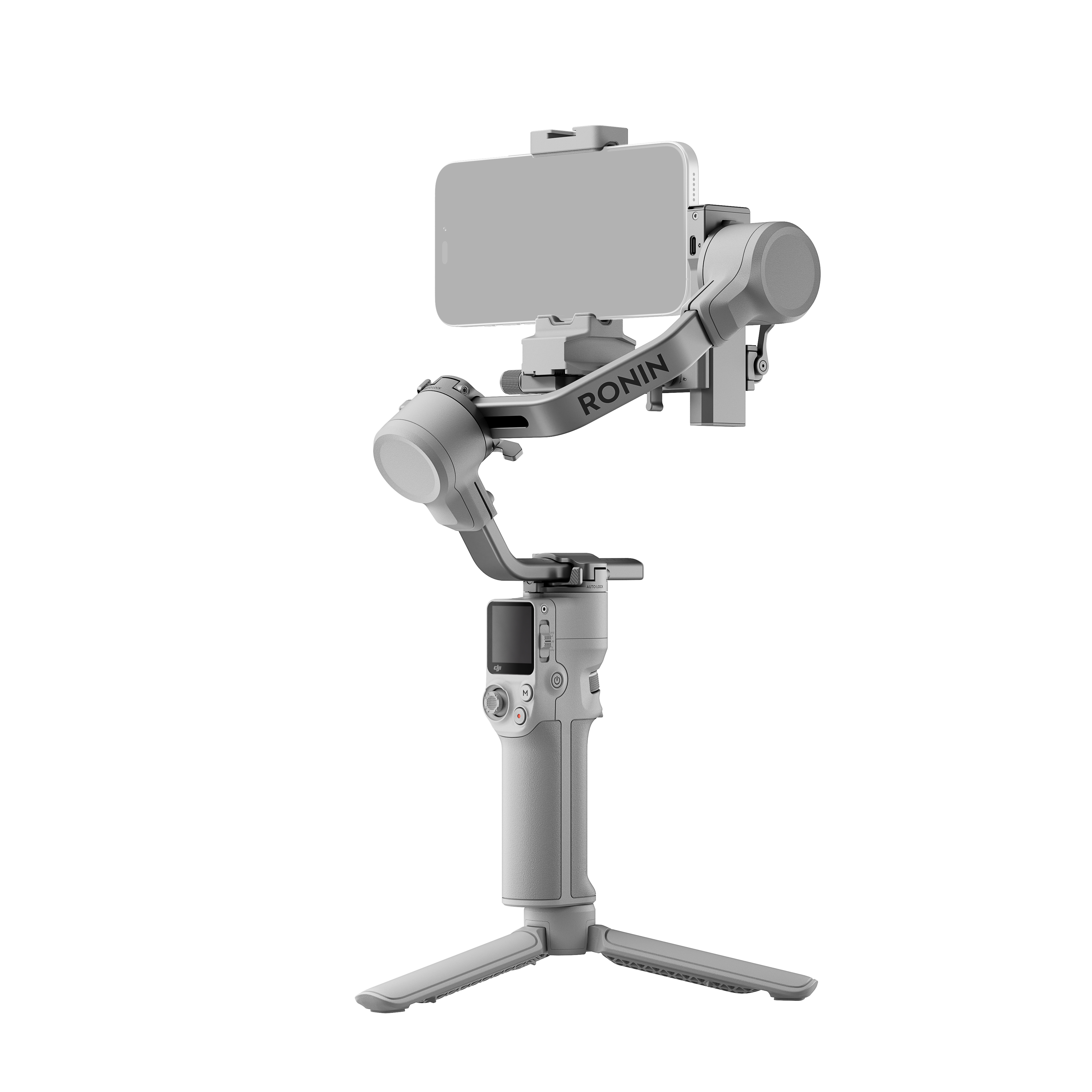 Grauer Ronin-Gimbal mit montiertem Telefon, Stativbasis, weißer Hintergrund.