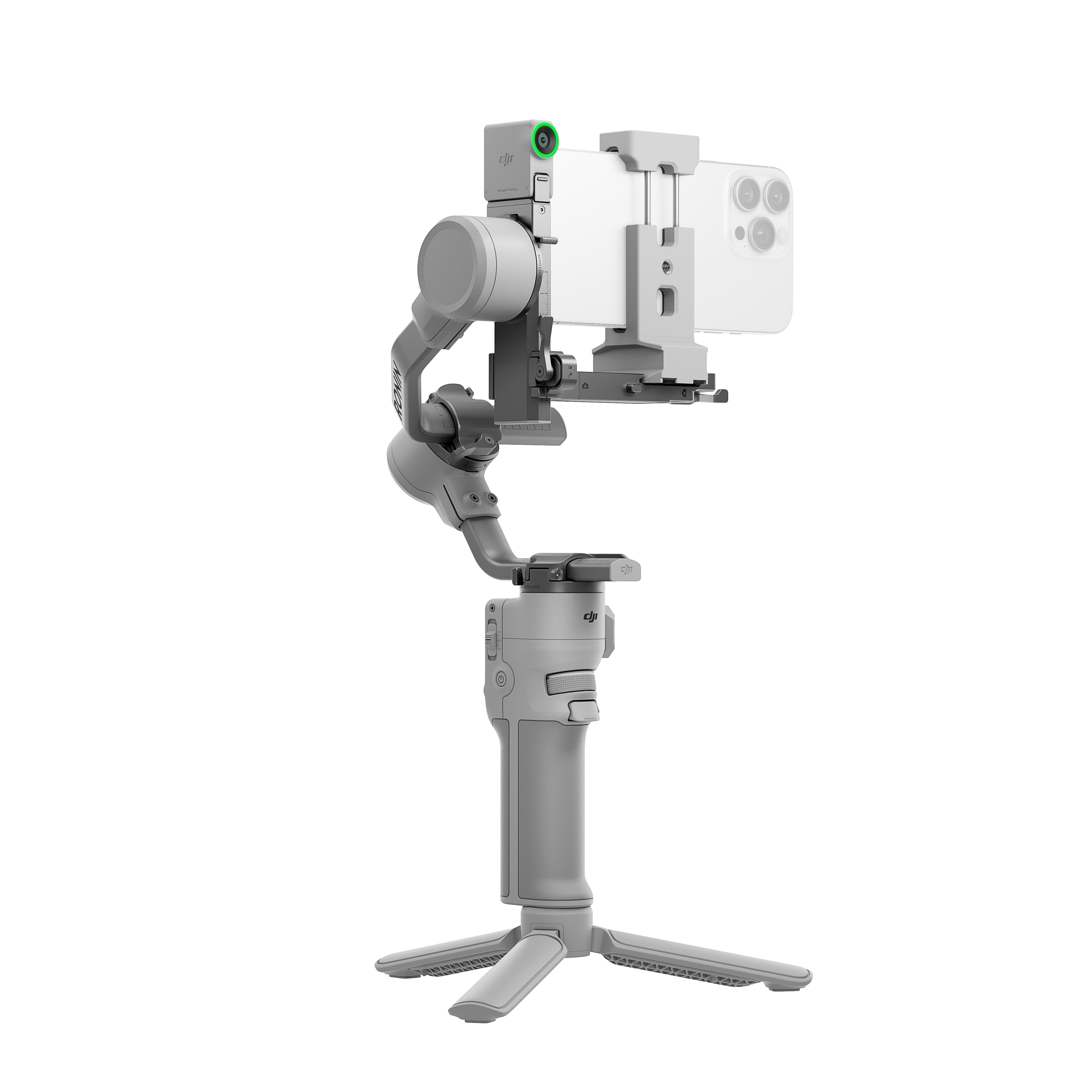 Ein Hand-Gimbal mit befestigtem Telefon, mit einem Stativständer.