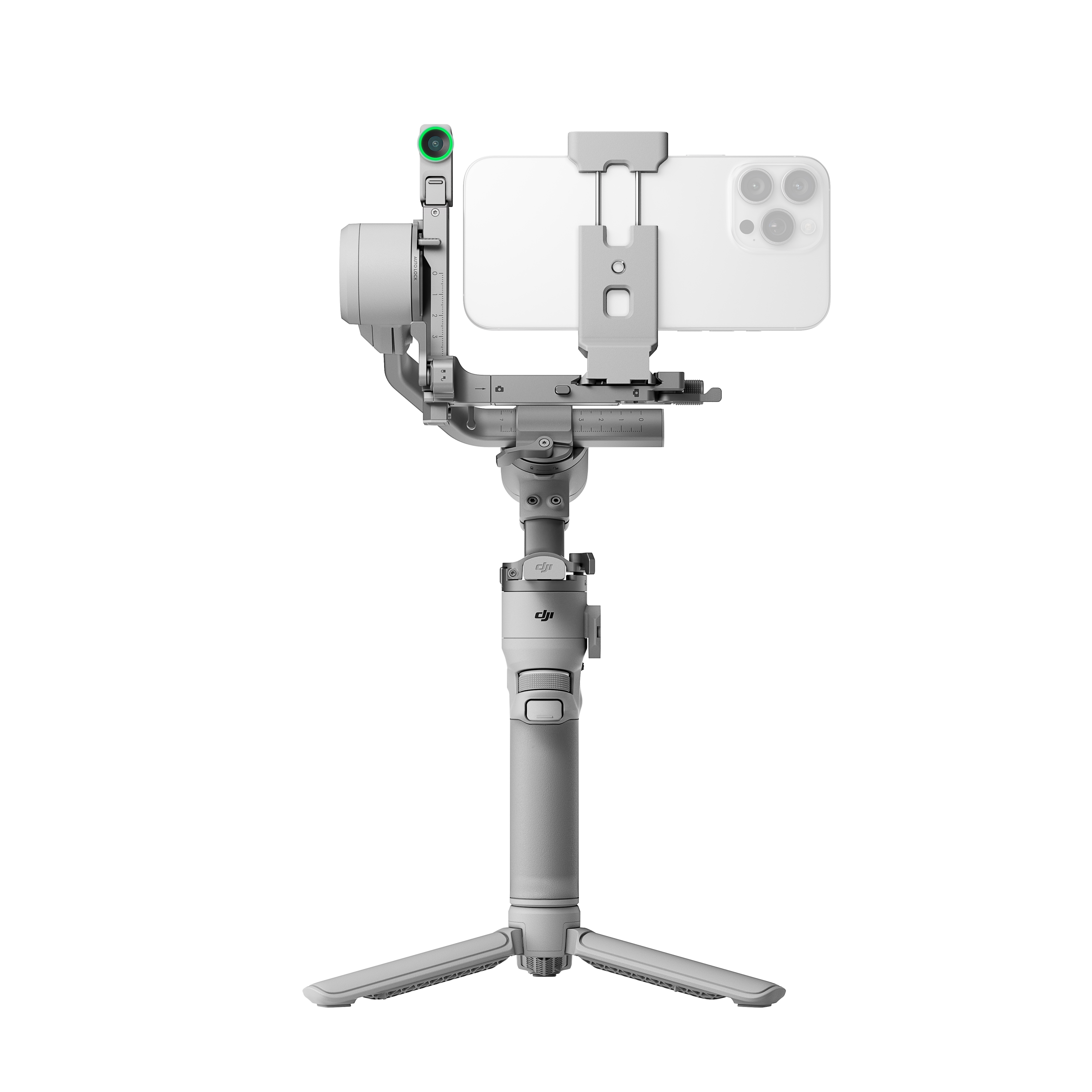 Ein grauer Telefonstabilisator mit angeschlossenem Telefon, die Stativbeine sind sichtbar.