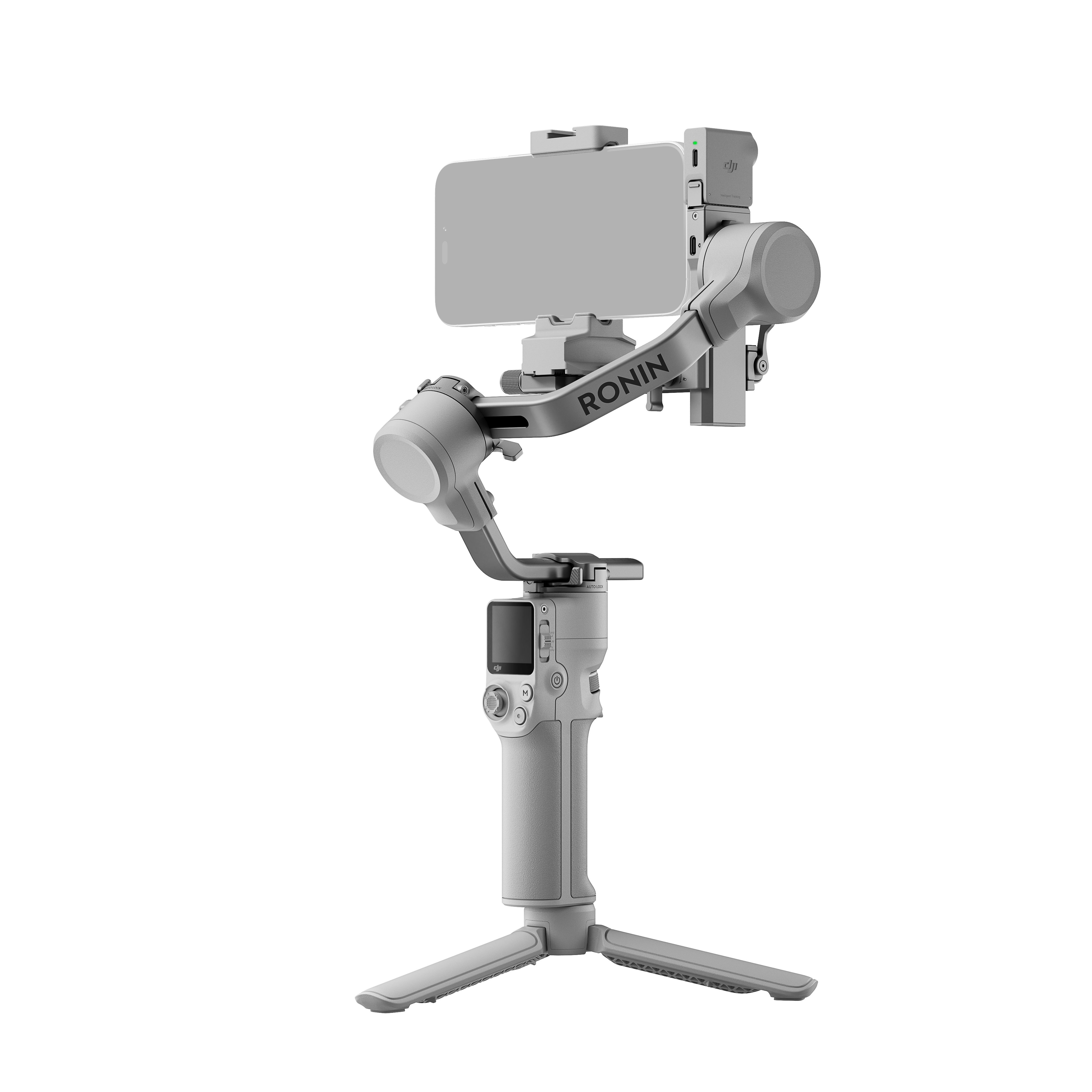 Handgimbal mit befestigtem Telefon, mit Stativständer.