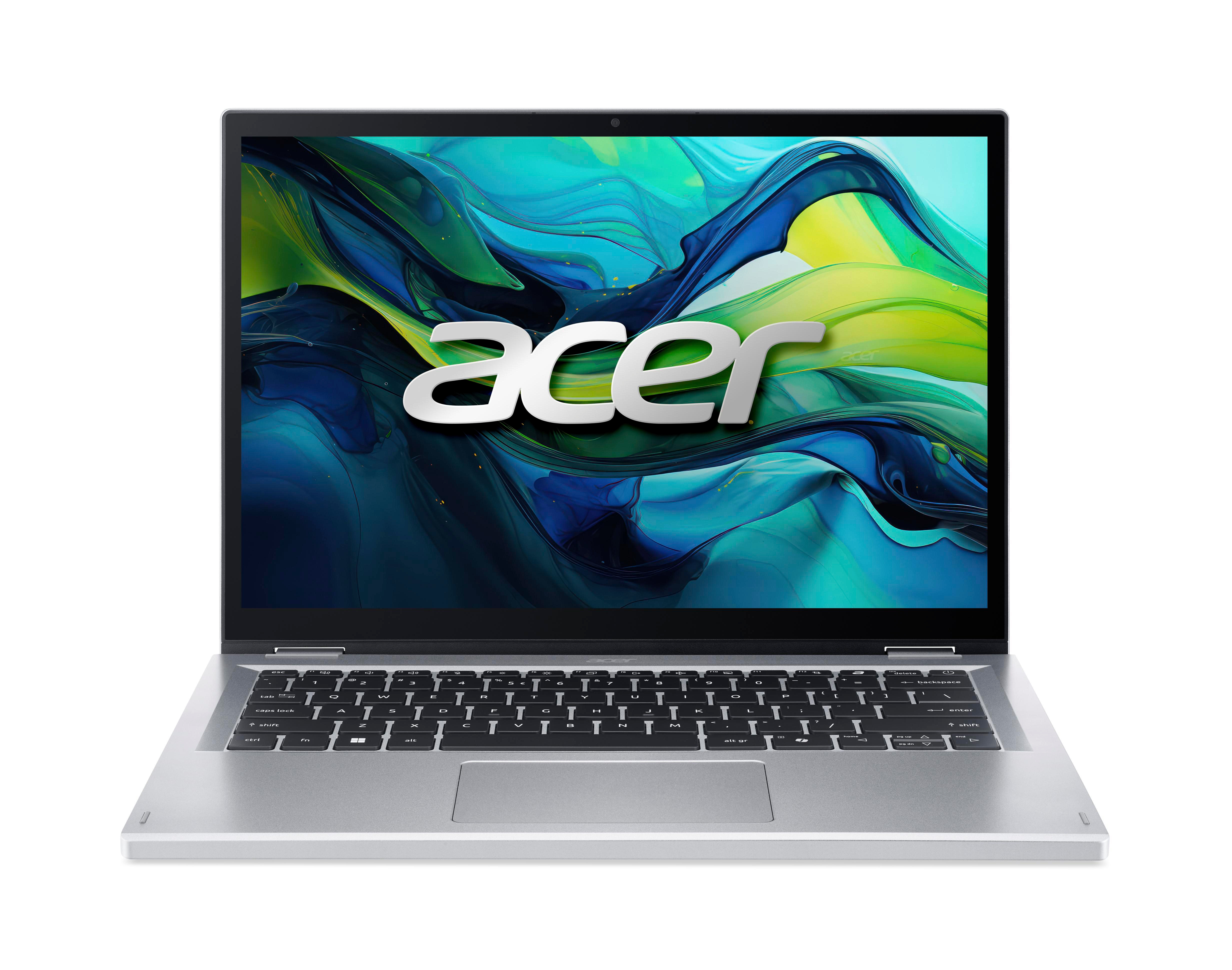 Ein silberner Acer-Laptop mit dem Markennamen auf dem Bildschirm, geöffnet und einsatzbereit.