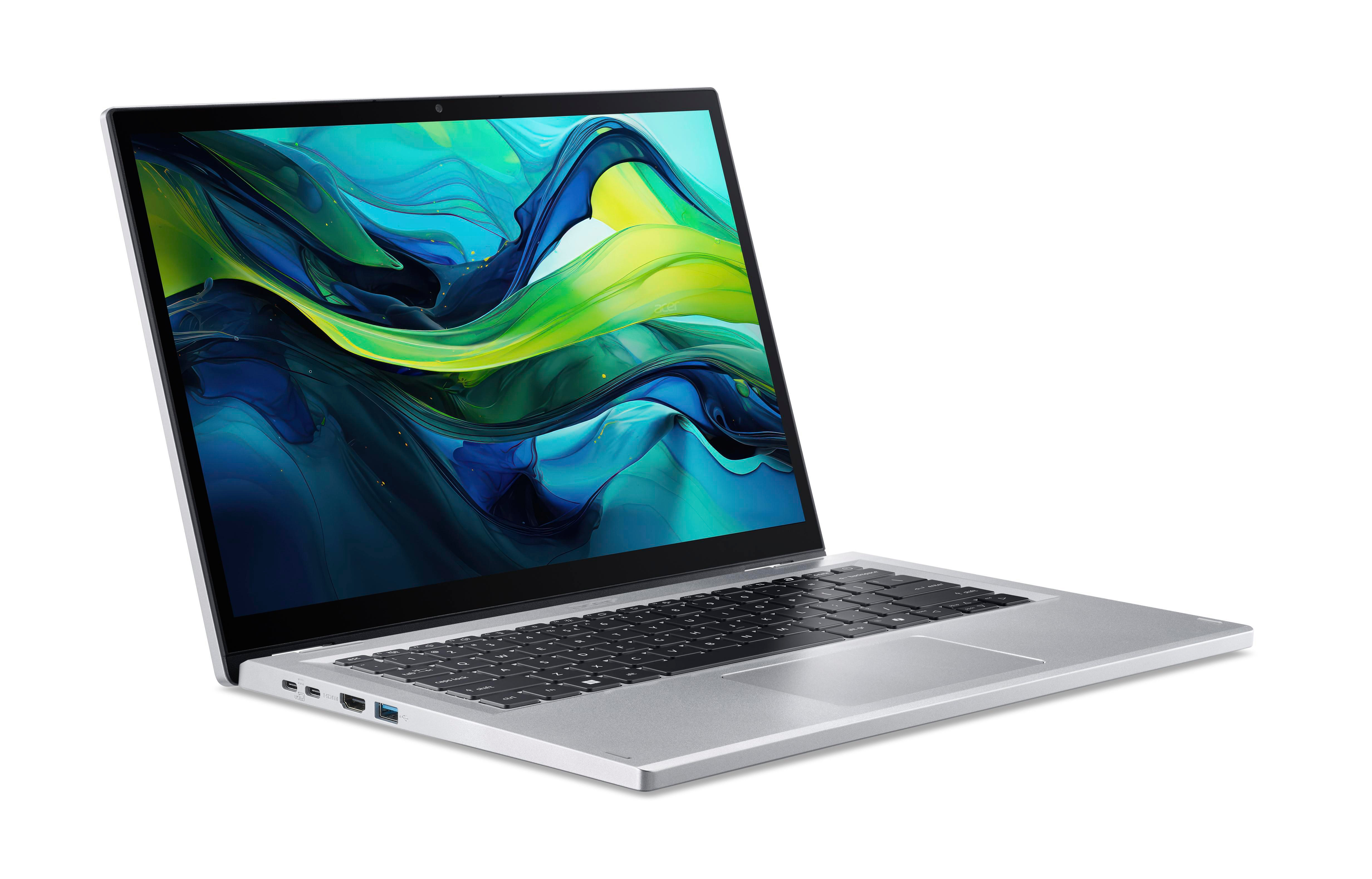 Ein silberner Laptop ist auf weißem Hintergrund geöffnet. Der Bildschirm zeigt ein farbenfrohes, abstraktes Design.