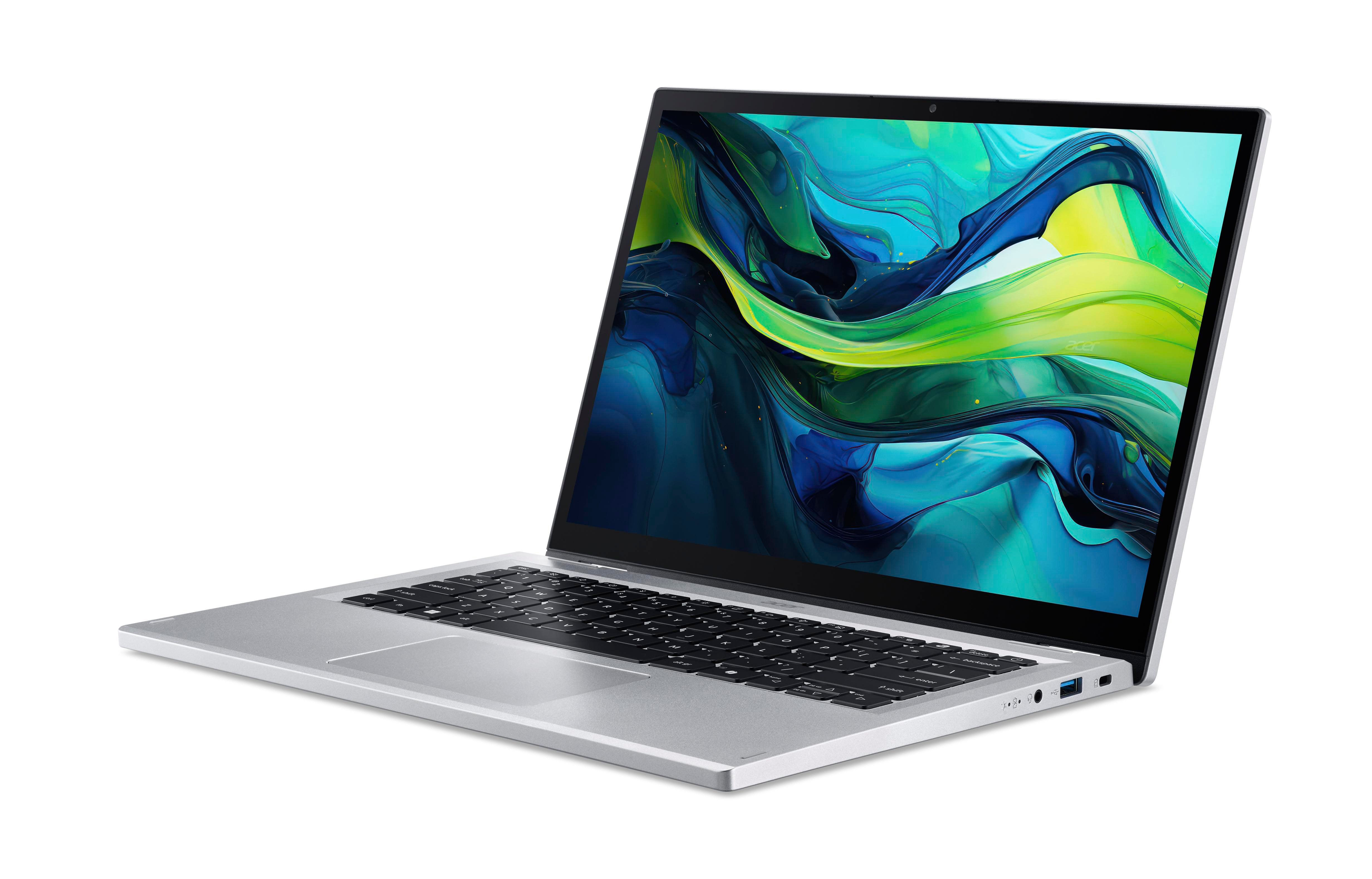 Ein silberner Laptop mit schwarzer Tastatur, abgewinkelt auf weißem Hintergrund.