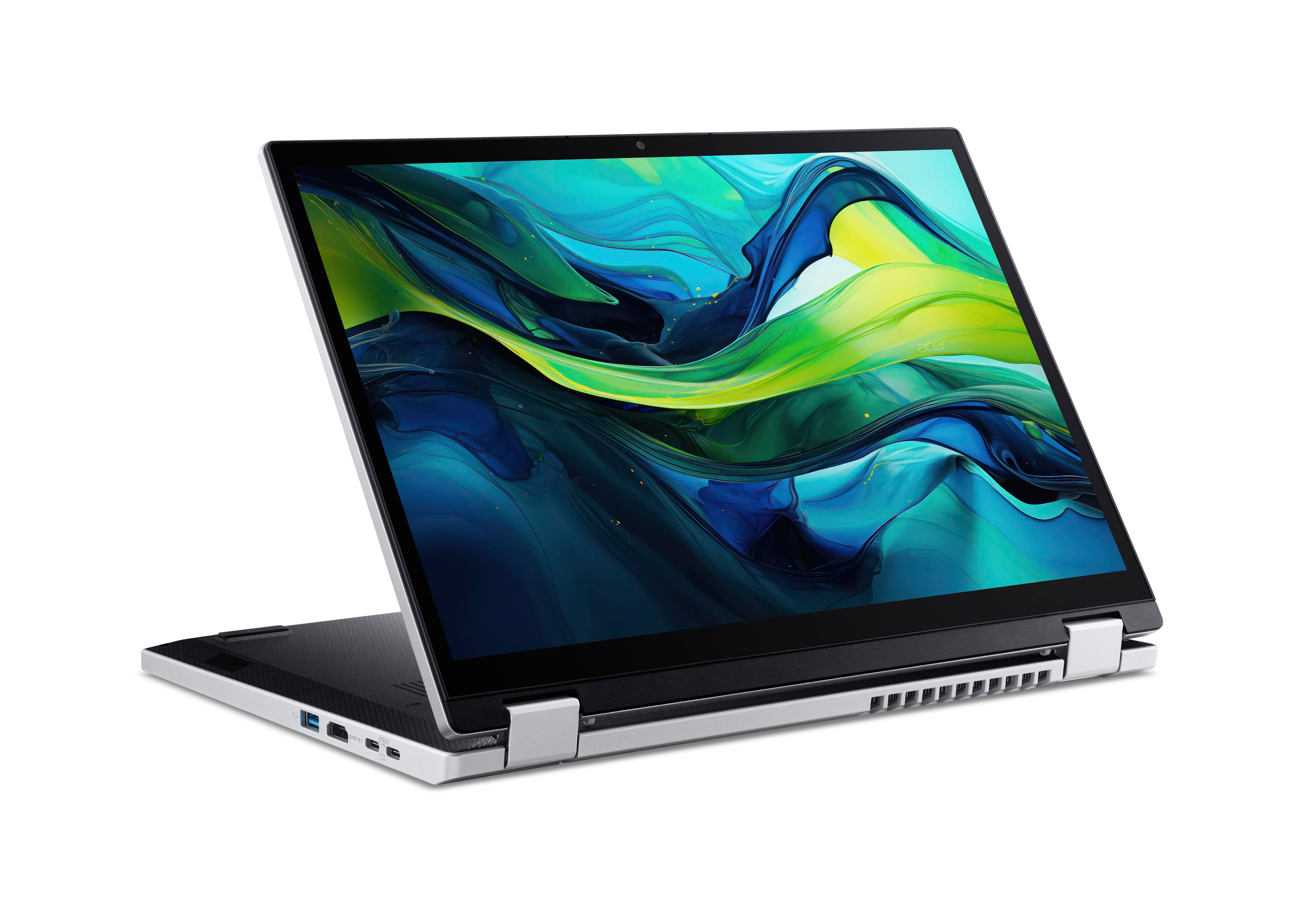 Silberner Acer-Laptop, in einem Winkel geöffnet, zeigt einen Bildschirm mit farbenfroher Anzeige.