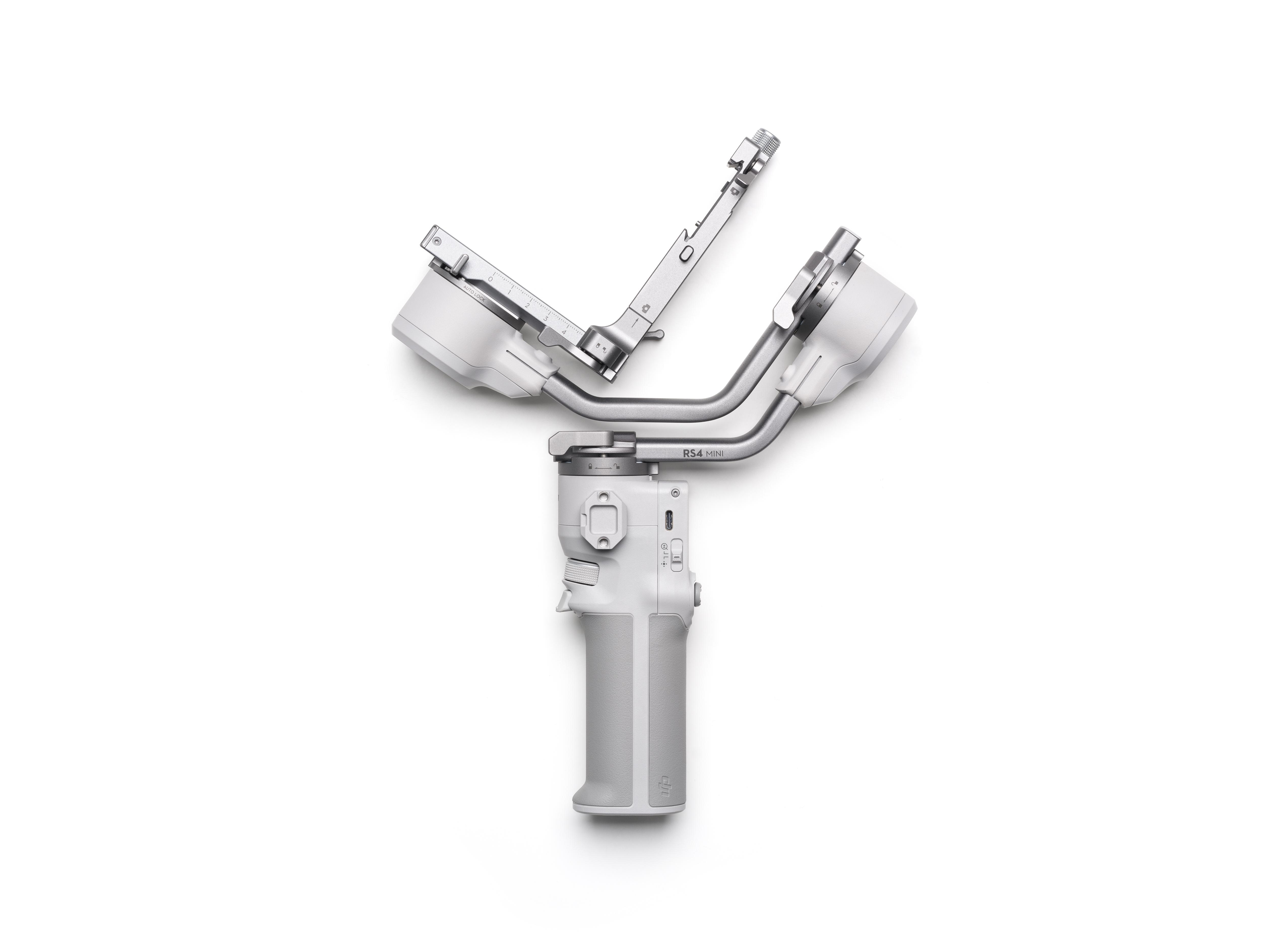 Grauer Gimbal-Stabilisator auf weißem Hintergrund, mit verschiedenen Komponenten sichtbar.